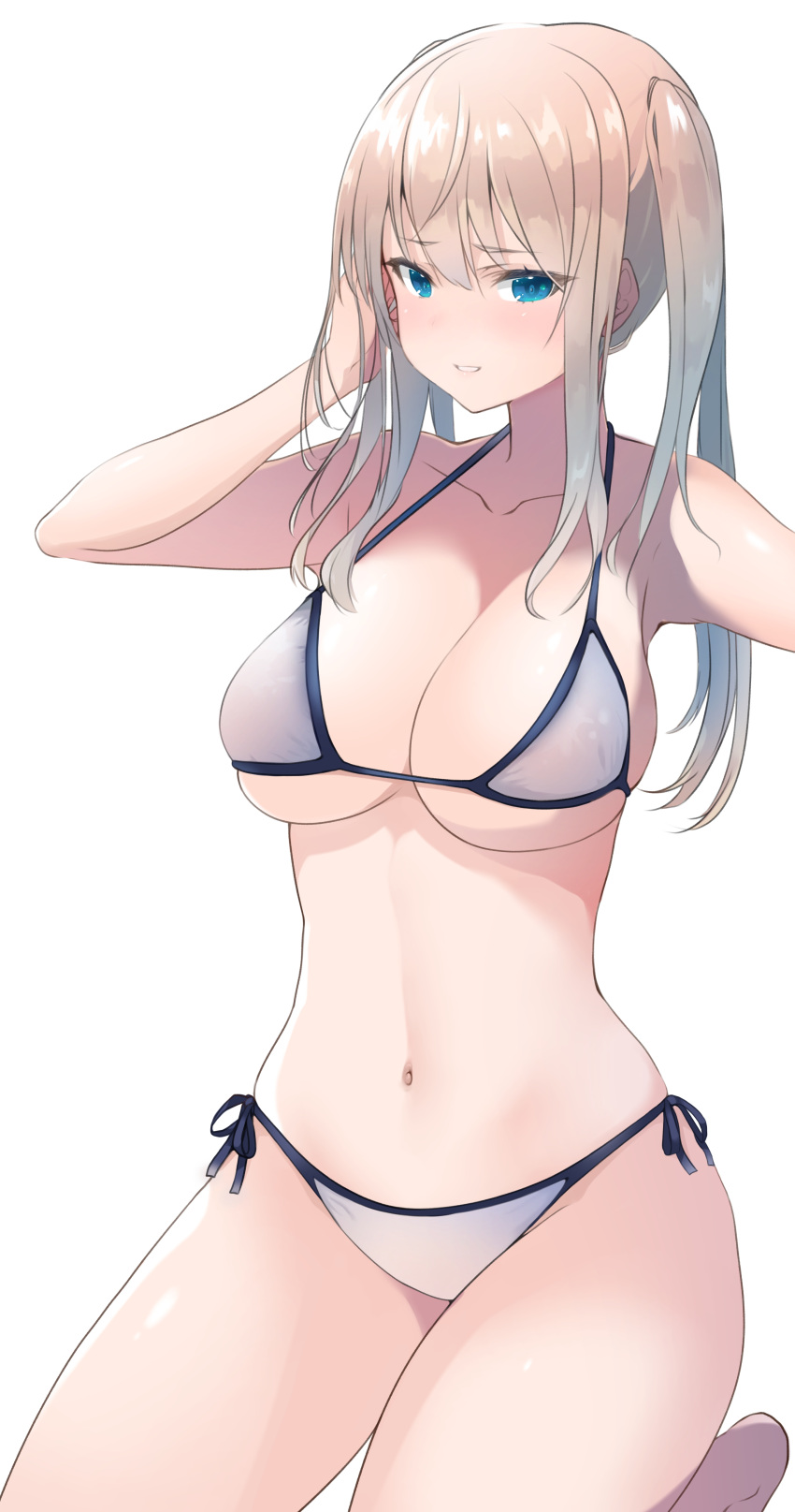 1girl absurdres bare_arms bare_legs bare_shoulders barefoot bikini blonde_hair blue_eyes breasts cleavage collarbone dyson_(edaokunnsaikouya) graf_zeppelin_(kancolle) hair_between_eyes highres kantai_collection large_breasts long_hair looking_at_viewer navel sidelocks simple_background solo swimsuit twintails white_background white_bikini