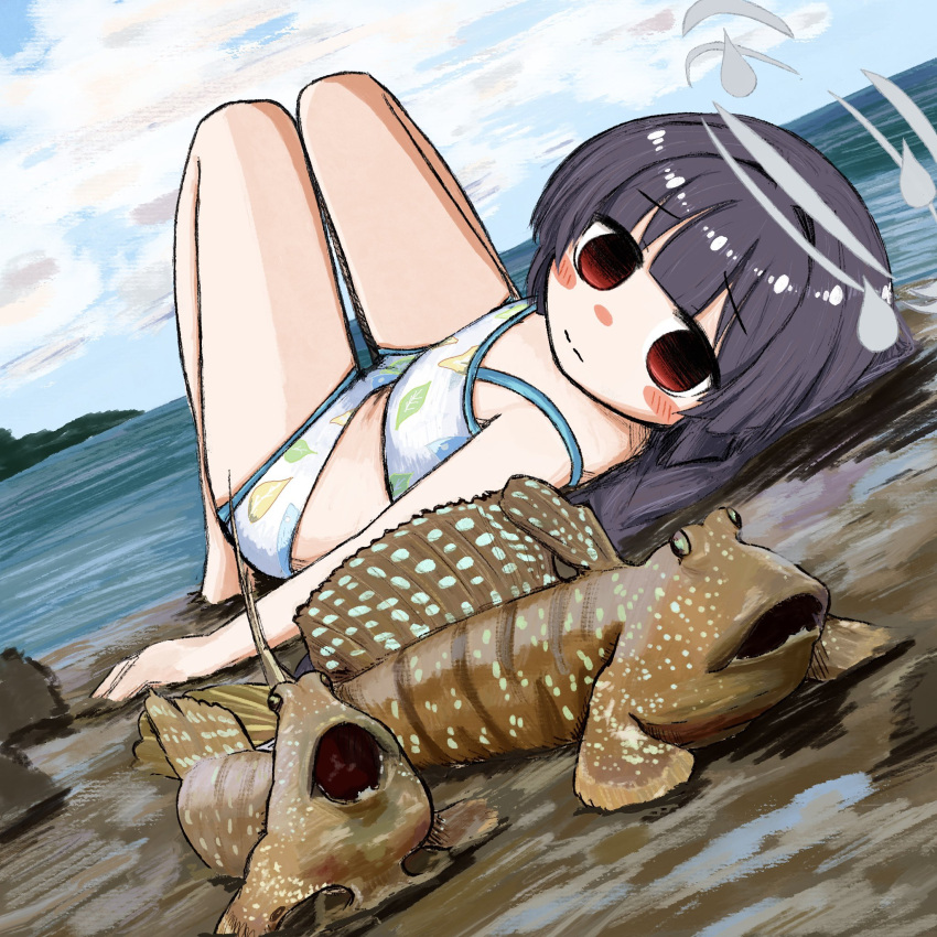 1girl animal beach bikini black_hair blue_archive blunt_bangs braid bubbacterial closed_mouth cloud day flat_chest halo highres long_hair looking_at_viewer lying miyu_(blue_archive) miyu_(swimsuit)_(blue_archive) mudskipper ocean on_back open_mouth outdoors red_eyes sky swimsuit