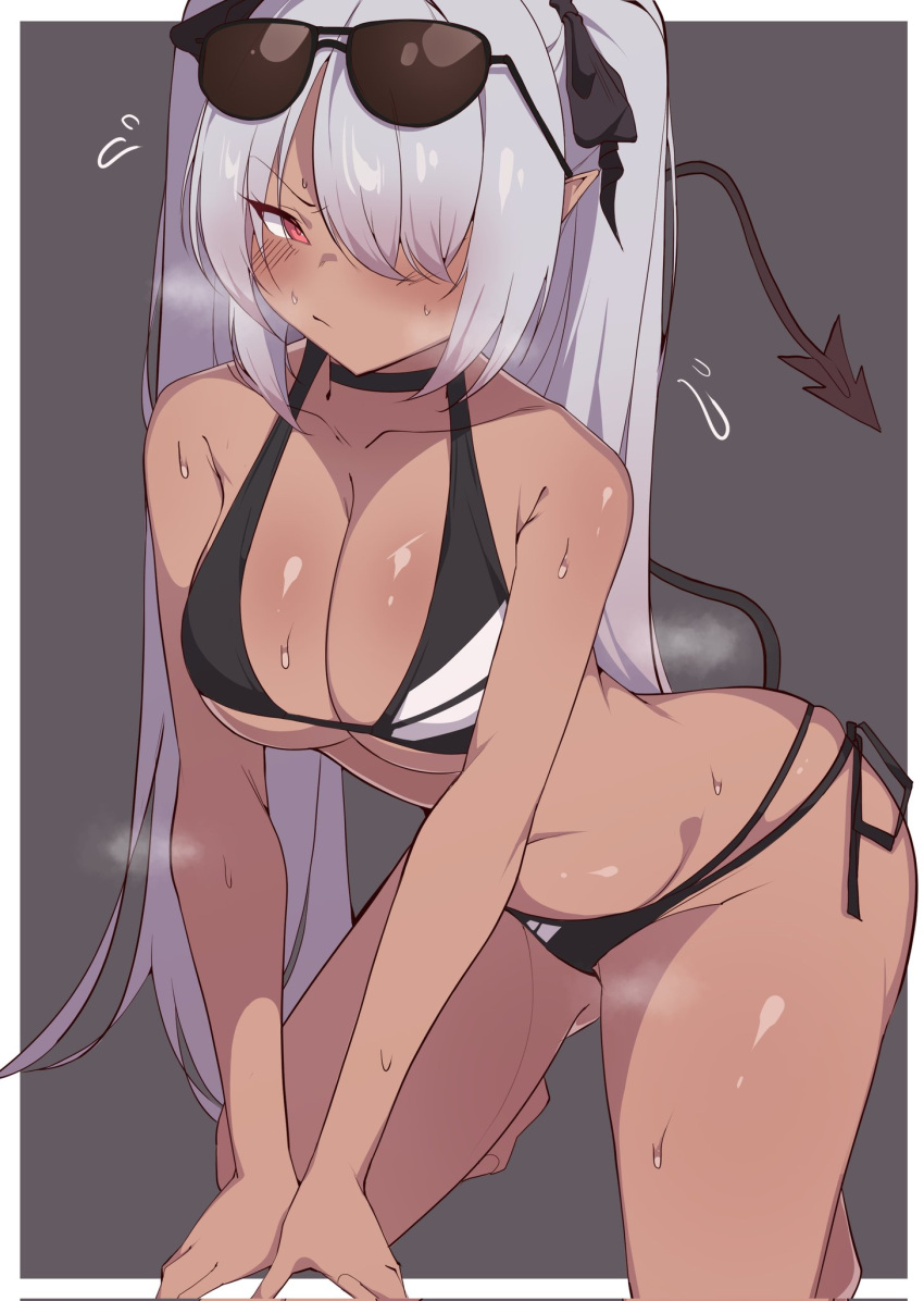 1girl bikini black_bikini blue_archive blush breasts dark-skinned_female dark_skin demon_tail eyewear_on_head grey_background grey_hair hair_over_one_eye hair_ribbon highres iori_(blue_archive) iori_(swimsuit)_(blue_archive) kkry99 kneeling korean_commentary pointy_ears pout red_eyes ribbon solo sunglasses sweat swimsuit tail thighs twintails