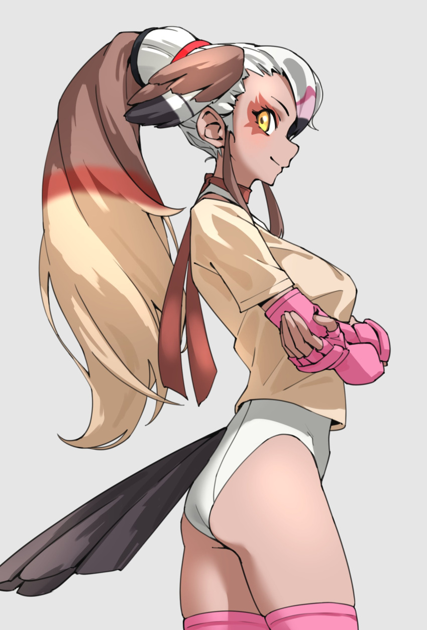 1girl absurdres bird_girl bird_tail bird_wings boots brown_hair brown_necktie cowboy_shot crossed_arms egyptian_goose_(kemono_friends) elbow_gloves fingerless_gloves gloves head_wings highres kemono_friends leotard long_hair multicolored_hair necktie pink_footwear pink_gloves ponytail shirt smile solo tail tanabe_(fueisei) thigh_boots white_hair white_leotard wings yellow_eyes yellow_shirt