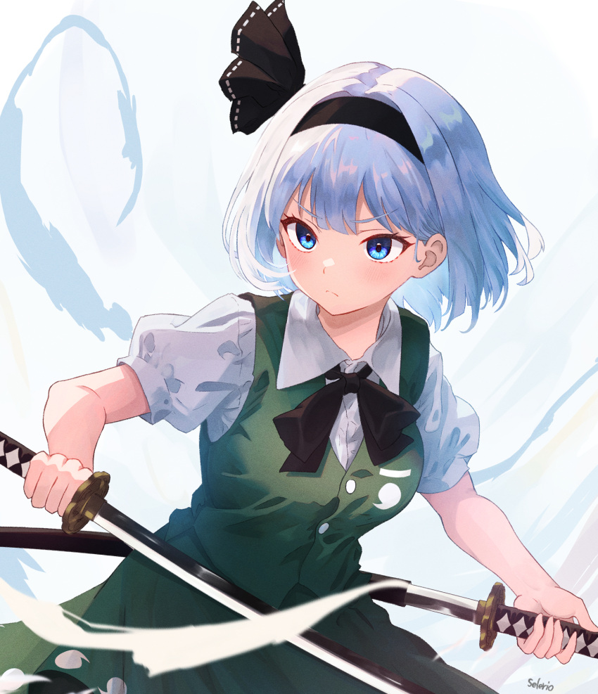 1girl artist_name black_bow black_bowtie black_hairband black_ribbon blue_eyes bob_cut bow bowtie closed_mouth collared_shirt english_commentary green_skirt green_vest grey_hair hair_ribbon hairband highres hitodama_print holding holding_sword holding_weapon katana konpaku_youmu konpaku_youmu_(ghost) mixed-language_commentary puffy_short_sleeves puffy_sleeves ribbon selerio3 sheath shirt short_hair short_sleeves skirt skirt_set solo sword touhou unsheathing vest wakizashi weapon white_shirt