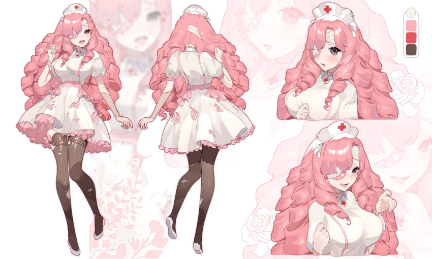 1girl absurdres black_thighhighs breasts brown_eyes dress drill_hair fang flower frilled_dress frills full_body hair_over_one_eye hat highres indie_virtual_youtuber kagome_(vtuber) large_breasts lilianei long_hair multiple_views nurse nurse_cap official_art open_mouth pink_hair puffy_short_sleeves puffy_sleeves quad_drills rose short_sleeves smile standing standing_on_one_leg stitched_arm stitched_neck stitches thighhighs torn_clothes torn_dress torn_thighhighs undead virtual_youtuber white_footwear white_headwear zombie