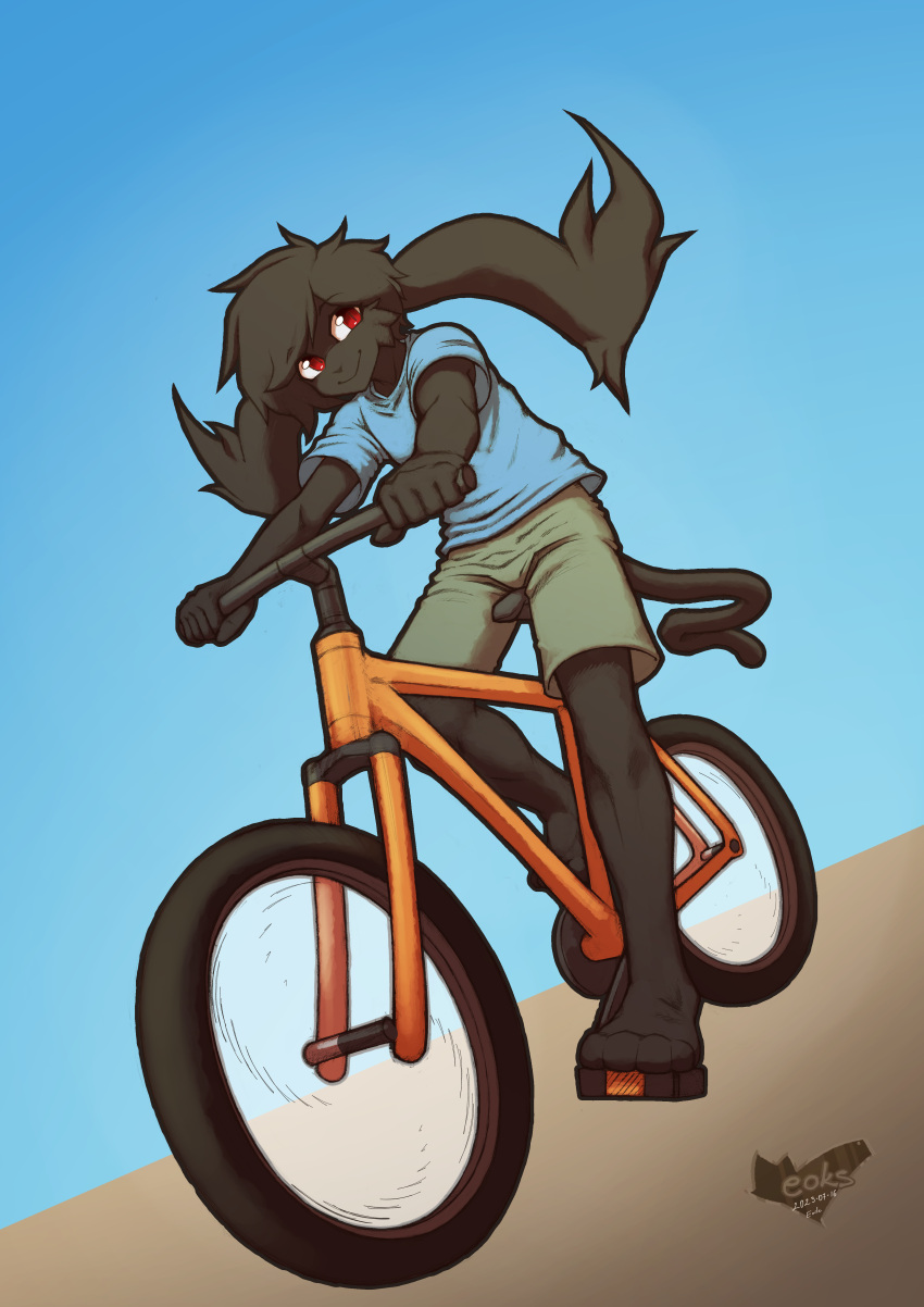 2023 5_fingers absurd_res anthro bicycle blue_clothing blue_shirt blue_topwear bottomwear clothing digital_media_(artwork) domestic_cat emile_(eoks) eoks felid feline felis fingers gradient_background handle_bar hi_res hybrid lagomorph leporid looking_back male mammal rabbit red_eyes riding_bike shirt shorts simple_background solo topwear watermark