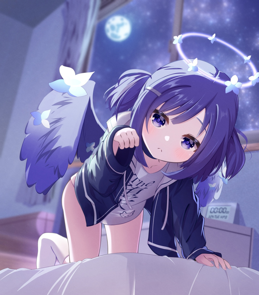 all_fours blush fuiba_fuyu gochuumon_wa_usagi_desu_ka? hair_ornament halo highres indoors kyuri_senbei looking_at_viewer night purple_hair striped_coat swept_bangs wings