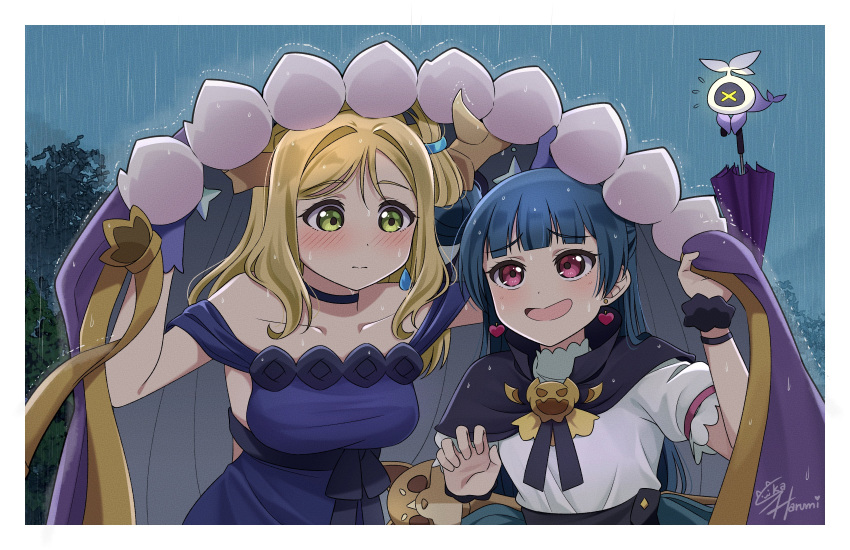 2girls absurdres black_capelet black_scrunchie blonde_hair blue_dress blue_hair blush cape capelet demon_horns dress earrings fur-trimmed_cape fur_trim genjitsu_no_yohane heart heart_earrings highres horns jewelry love_live! love_live!_sunshine!! multiple_girls off-shoulder_dress off_shoulder ohara_mari pellapie purple_eyes rain scrunchie ska.harumi tsushima_yoshiko umbrella yellow_eyes