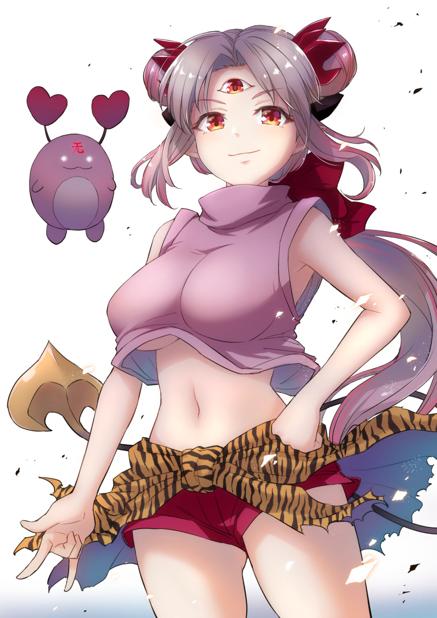 1girl 3x3_eyes \m/ animal_print ayanokouji_pai ayanokouji_pai_(cosplay) blush breasts clenched_hand closed_mouth commentary_request cosplay cowboy_shot creature crop_top demon_horns demon_tail glowing glowing_eyes gradient_hair grey_hair highres honey_strap horns jyaco large_breasts long_hair looking_at_viewer medium_bangs midriff multicolored_hair nanashi_inc. navel parvati_iv parvati_iv_(cosplay) pink_hair pink_shirt pointy_ears print_cape red_horns red_shorts shirt shorts sidelocks simple_background sleeveless sleeveless_shirt smile solo suou_patra tail third_eye tiger_print turtleneck underboob virtual_youtuber waist_cape white_background