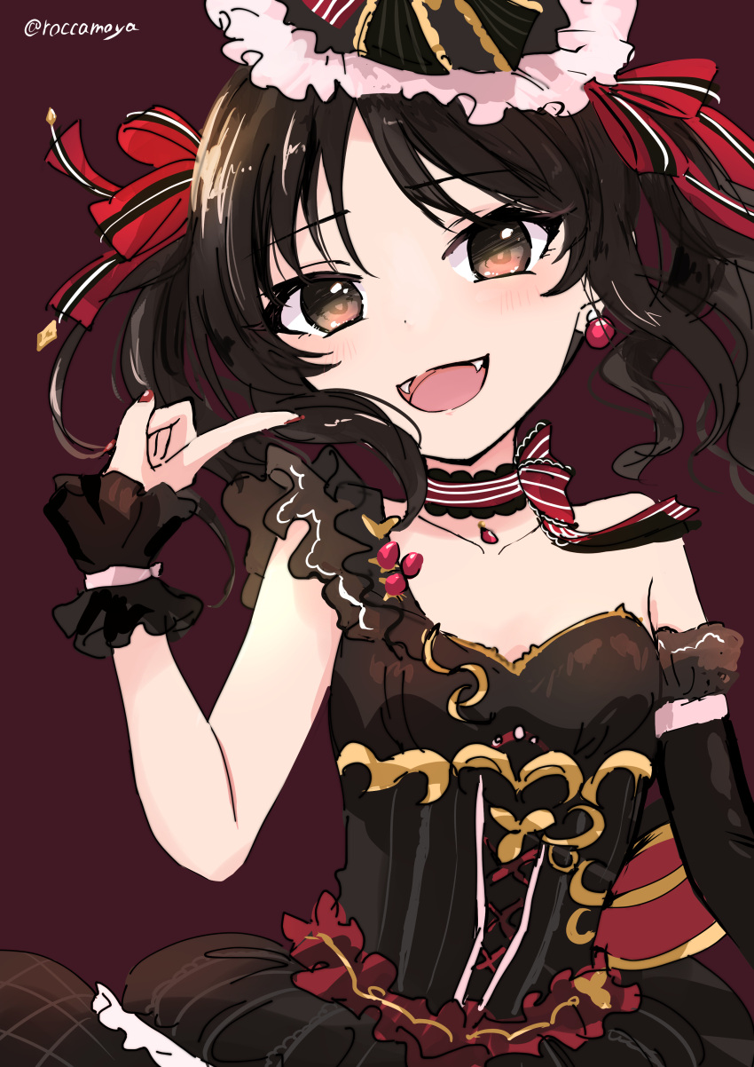 1girl absurdres asymmetrical_dress black_dress black_hair black_sleeves bow brown_eyes choker collarbone detached_sleeves dress earrings fangs floating_hair gem hair_bow highres idolmaster idolmaster_cinderella_girls idolmaster_cinderella_girls_u149 index_finger_raised jewelry long_hair looking_at_viewer matoba_risa nail_polish red_background red_bow red_gemstone red_nails ribbon_choker roccamoya simple_background single_sleeve sketch sleeveless sleeveless_dress solo twintails twitter_username underbust wrist_cuffs