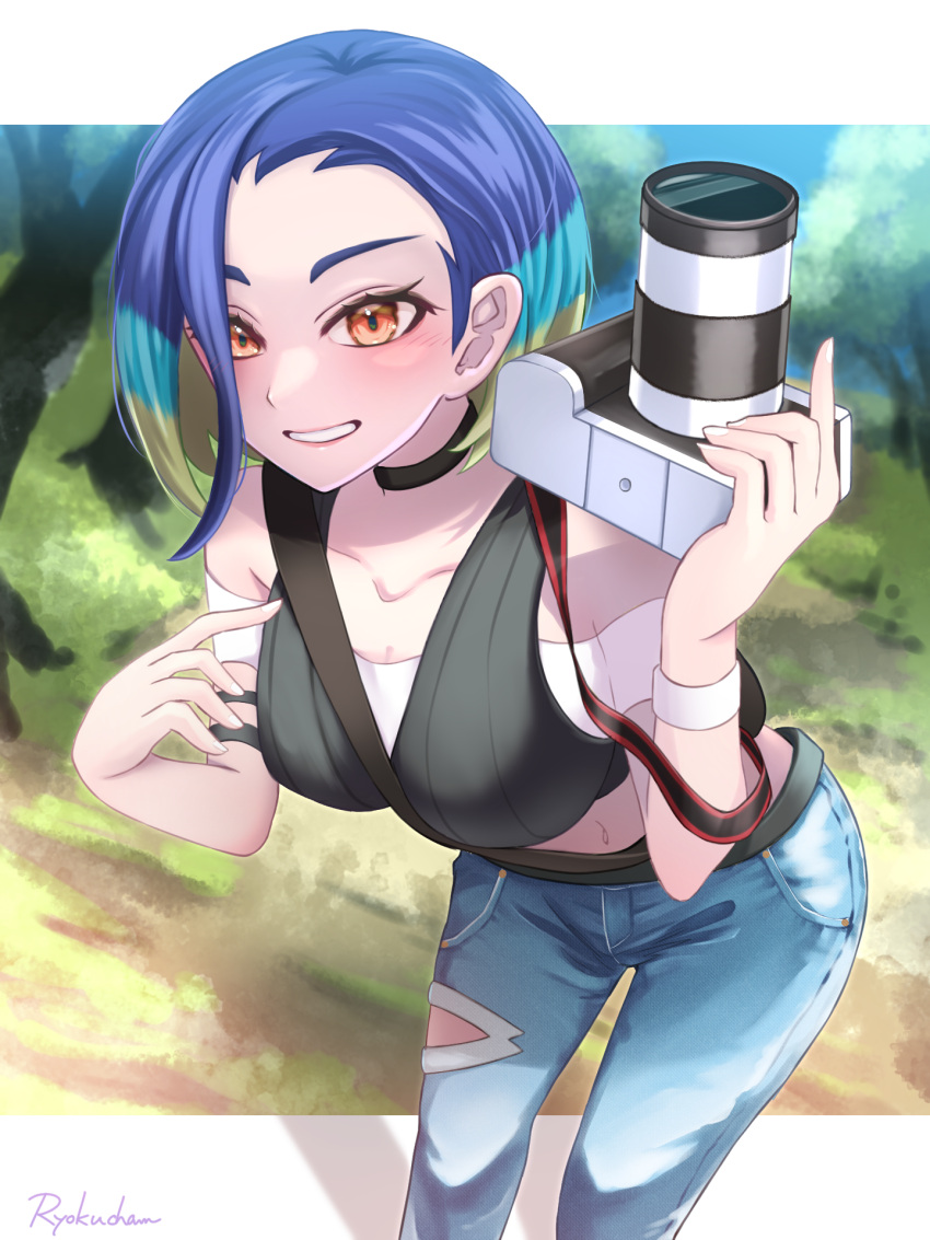 1girl black_choker blue_hair blush camera choker collarbone commentary_request day denim eyelashes grey_vest grin highres holding holding_camera jeans leaning_forward looking_at_viewer navel off-shoulder_shirt off_shoulder orange_eyes outdoors pants perrin_(pokemon) pokemon pokemon_(game) pokemon_sv ribbed_vest ryoku_illus shirt short_hair smile solo teeth vest white_shirt