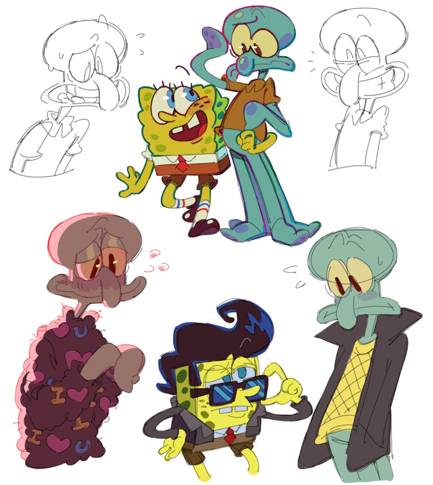 anthro blush bodily_fluids bottomwear cephalopod clothing coleoid duo eyewear hi_res male mao_draws marine mollusk nickelodeon octopodiform octopus on_model sea_sponge shirt shorts smile spongebob_squarepants spongebob_squarepants_(character) squidward_tentacles sunglasses sweat toony topwear