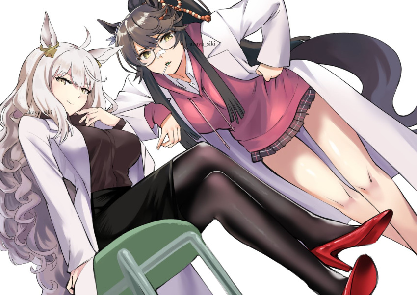 2girls ahoge akaya_shiki alternate_costume animal_ears bespectacled biwa_hayahide_(umamusume) black_pantyhose brown_hair brown_shirt candy closed_mouth commentary_request commission crossed_legs ear_ornament eyewear_removed feet_out_of_frame food food_in_mouth glasses grey_hair hand_on_own_hip high_heels highres hood hood_down hoodie horse_ears horse_girl horse_tail lab_coat lollipop long_hair long_sleeves multiple_girls narita_brian_(umamusume) on_chair pantyhose pink_hoodie plaid plaid_skirt red_footwear rope shimenawa shirt simple_background skeb_commission skirt smile tail umamusume very_long_hair white_background white_shirt yellow_eyes