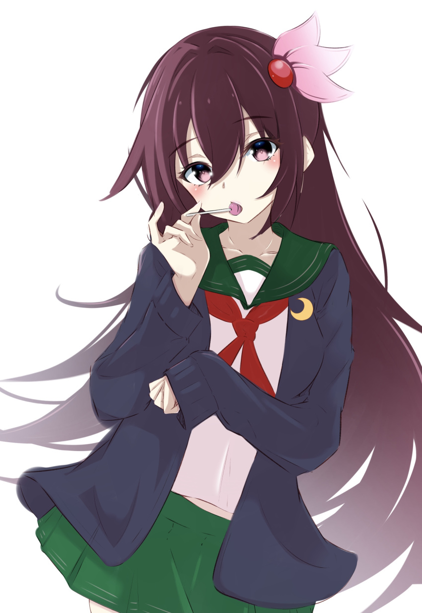 1girl absurdres black_cardigan blush brown_hair candy cardigan collarbone cowboy_shot crescent crescent_pin food food_in_mouth green_sailor_collar green_skirt hair_between_eyes hair_ornament highres honma_(honmatomohiro) kantai_collection kisaragi_(kancolle) kisaragi_kai_ni_(kancolle) lollipop long_hair long_sleeves neckerchief open_cardigan open_clothes pleated_skirt purple_eyes red_neckerchief sailor_collar school_uniform serafuku simple_background skirt solo white_background