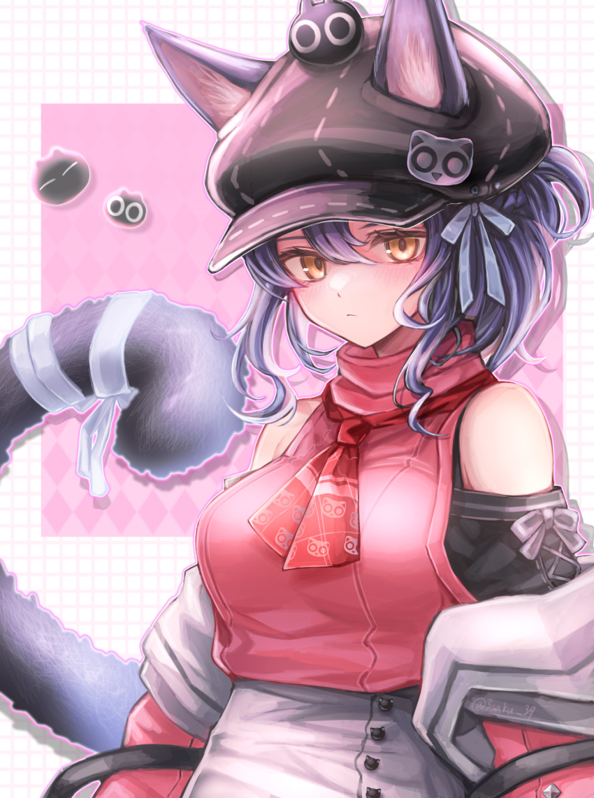 1girl 3_(sanyako1) animal_ears argyle argyle_background arknights black_headwear blue_hair breasts brown_eyes cabbie_hat cat_ears cat_girl cat_tail closed_mouth commentary_request crossover ears_through_headwear hair_between_eyes hat heixiu highres looking_at_viewer luo_xiaohei_zhanji medium_breasts pink_background pink_shirt rockrock_(arknights) shirt skirt sleeveless sleeveless_shirt tail turtleneck twitter_username white_skirt