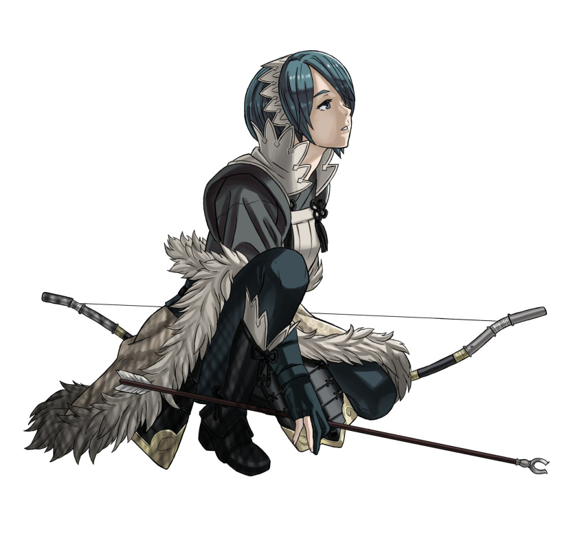 1girl aqua_eyes aqua_hair armor black_footwear black_gloves boots bow_(weapon) commentary_request fire_emblem fire_emblem_fates full_body fur_trim gloves hair_over_one_eye hairband highres holding holding_bow_(weapon) holding_weapon japanese_armor japanese_clothes on_one_knee one_eye_covered parted_lips partially_fingerless_gloves peacefulandflat setsuna_(fire_emblem) simple_background solo weapon white_background white_hairband