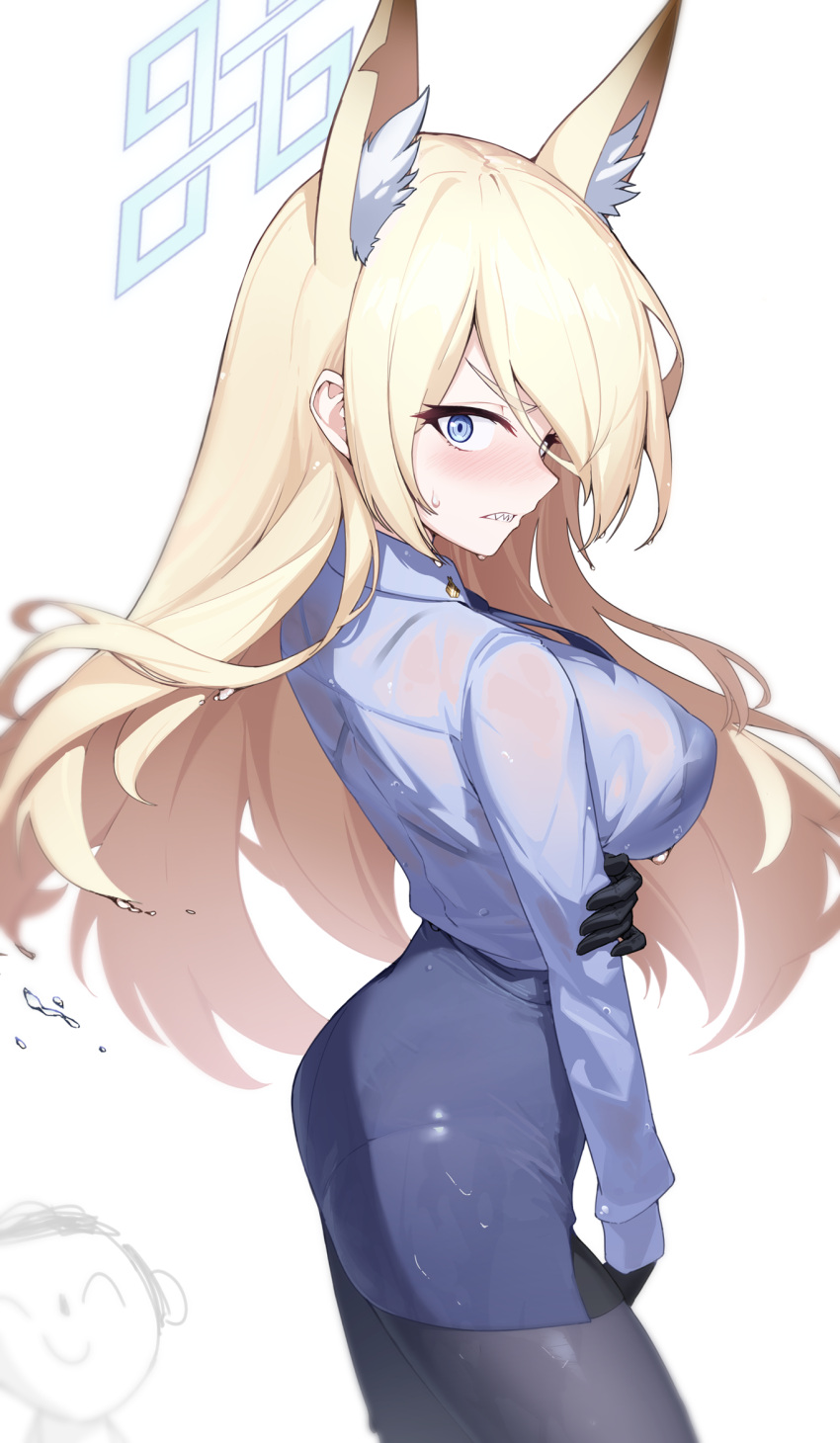 1girl angry animal_ear_fluff animal_ears arm_at_side arm_under_breasts arona's_sensei_doodle_(blue_archive) black_gloves black_pantyhose blonde_hair blue_archive blue_eyes blue_halo blue_necktie blue_shirt blue_skirt blush bra_visible_through_clothes breasts clenched_teeth collared_shirt covered_nipples cowboy_shot dog_ears extra_ears floating_hair from_side furrowed_brow gensui_hime gloves hair_over_one_eye halo highres kanna_(blue_archive) large_breasts long_hair long_sleeves looking_at_viewer narrowed_eyes necktie notched_ear pantyhose pantylines pencil_skirt police police_uniform policewoman sensei_(blue_archive) sharp_teeth shirt shirt_tucked_in simple_background skirt teeth uniform wet wet_clothes