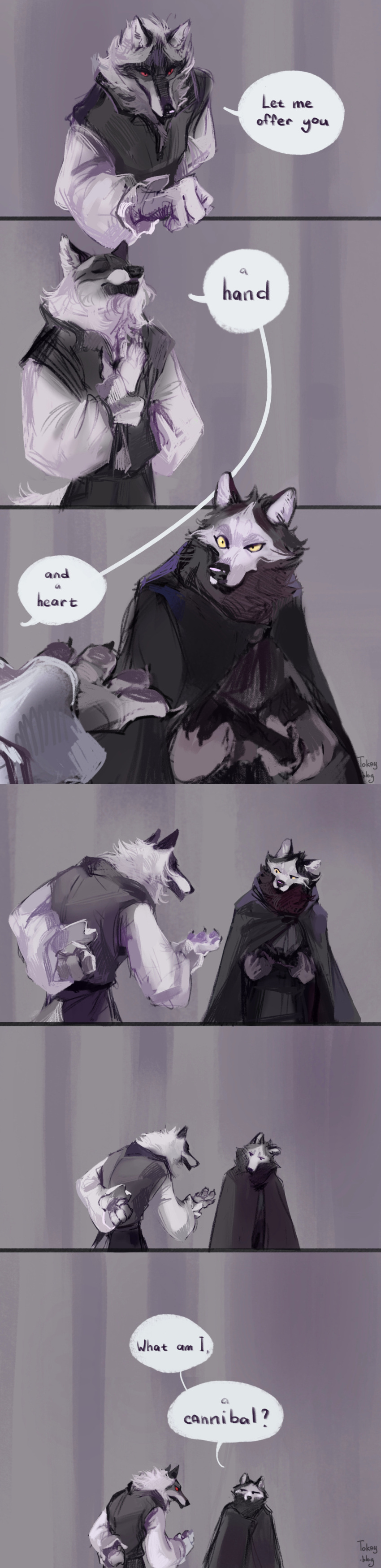 absurd_res anthro canid canine canis chivalry clothed clothing comic crossed_arms death_(puss_in_boots) dialogue dreamworks duo english_text eye_contact eyes_closed facial_markings fan_character female flirting fluffy grey_background head_markings hi_res humor long_image looking_at_another looking_at_partner male male/female mammal markings mask_(marking) prick_ears puss_in_boots_(film) puss_in_boots_the_last_wish red_eyes romantic romantic_couple signature simple_background speech_bubble standing talking_to_another talking_to_partner tall_image text tokay-blog wolf yellow_eyes