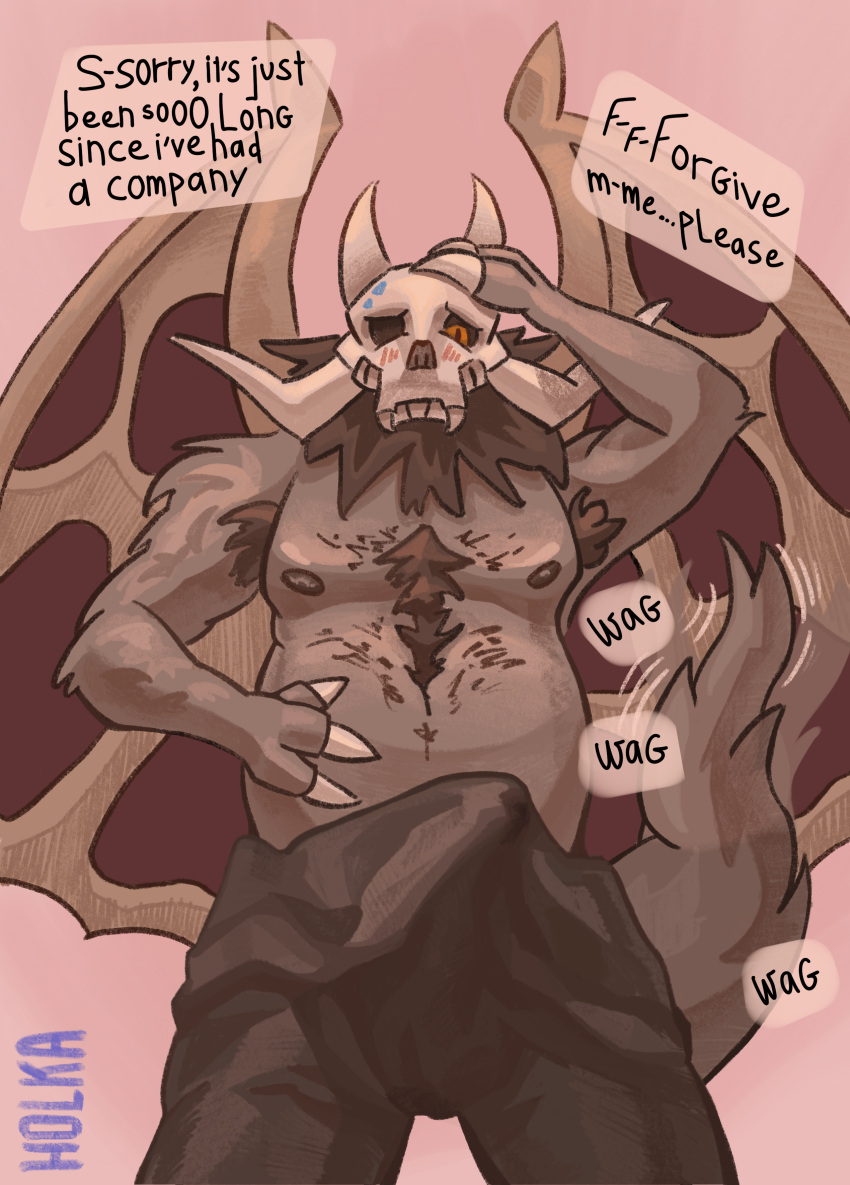 absurd_res anthro beard belly blush blush_lines body_hair bone chest_hair clothing disney erection facial_hair front_view happy_trail hi_res holkaqonka horn looking_at_viewer male muscular muscular_male neck_tuft nipples overweight overweight_male papa_titan_(the_owl_house) simple_background skull skull_head solo speech_bubble standing the_owl_house throbbing_tail titan_(the_owl_house) tuft wings
