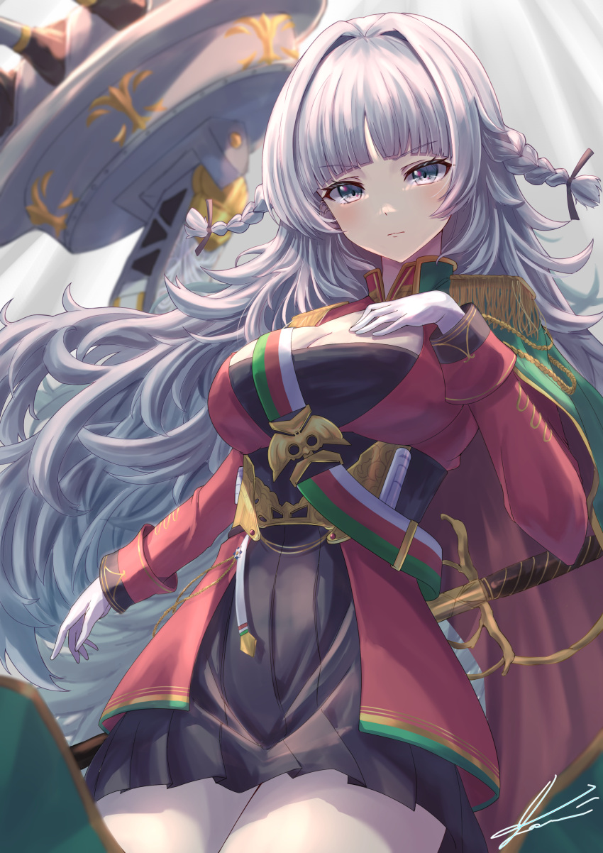 1girl absurdres azur_lane black_skirt blush breasts cannon cape cleavage epaulettes gloves green_cape grey_eyes grey_hair highres jacket large_breasts long_hair looking_at_viewer machinery medal military military_uniform red_jacket rigging sardegna_empire_(emblem) skirt smile solo sword turret uniform very_long_hair vittorio_veneto_(azur_lane) weapon white_gloves white_hair yam_(yam6056)