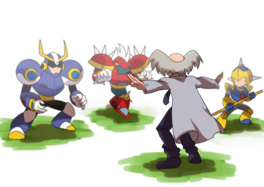 4boys android arm_cannon armor bald ballade_(mega_man) black_footwear black_necktie black_pants blue_gloves dr._wily_(mega_man) enker_(mega_man) faceless faceless_male fake_horns from_behind full_body gloves grey_hair helmet highres holding holding_polearm holding_weapon horned_helmet horns jurassic_world lab_coat male_focus mega_man:_dr._wily's_revenge mega_man_(classic) mega_man_(series) mega_man_10 mega_man_iii mega_man_iv meme multiple_boys necktie old old_man outstretched_arms pants pauldrons polearm prattkeeping_(meme) punk_(mega_man) robot shaded_face shoes shoulder_armor simple_background spiked_pauldrons standing standing_on_one_leg takenokonoko weapon white_background white_gloves