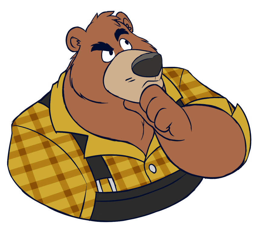 2023 4_fingers anthro bear biped black_nose brok_the_investigator brown_body brown_fur clothing fingers fur glassesgator hi_res humanoid_hands male mammal overalls r.j._(brok_the_investigator) shirt slightly_chubby solo topwear