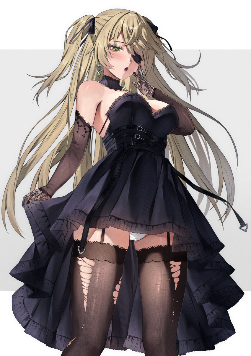 1girl absurdres bare_shoulders black_dress black_gloves black_ribbon black_thighhighs blonde_hair blush breasts crotch_seam dress elbow_gloves eyepatch fischl_(genshin_impact) garter_straps genshin_impact gloves green_eyes hair_over_one_eye hair_ribbon highres long_hair looking_at_viewer open_mouth panties ribbon simple_background solo standing thighhighs torn_clothes torn_thighhighs two_side_up underwear vitaminechan white_panties