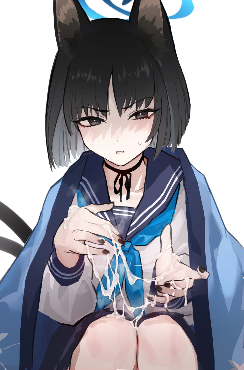 1girl absurdres animal_ears black_hair blue_archive blue_neckerchief blunt_ends cat_ears cat_tail cum cum_on_hands cum_string disgust fingernails halo haori highres japanese_clothes kikyou_(blue_archive) looking_at_viewer maqin multiple_tails nail_polish neckerchief school_uniform serafuku shaded_face short_hair simple_background solo steam sweatdrop tail white_background