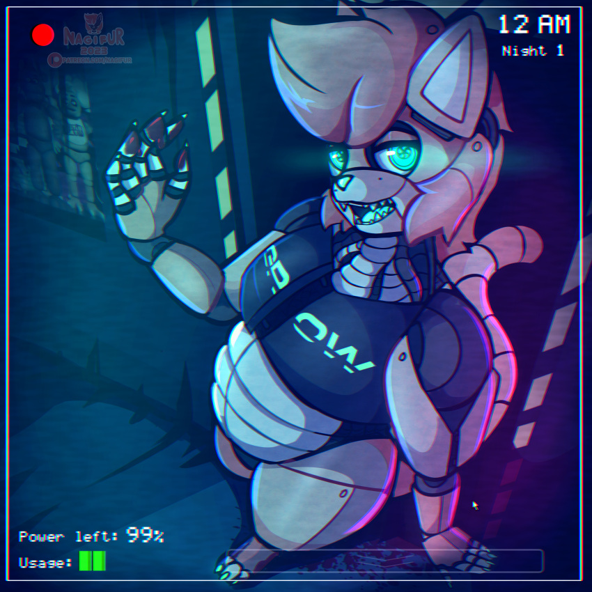 1:1 absurd_res ambiguous_gender animatronic anthro biped blood blue_eyes bodily_fluids camera digital_media_(artwork) english_text fan_character first_person_view five_nights_at_freddy's girly hi_res looking_at_viewer machine male nagi_(nagifur) nagifur open_mouth robot scary scottgames solo text