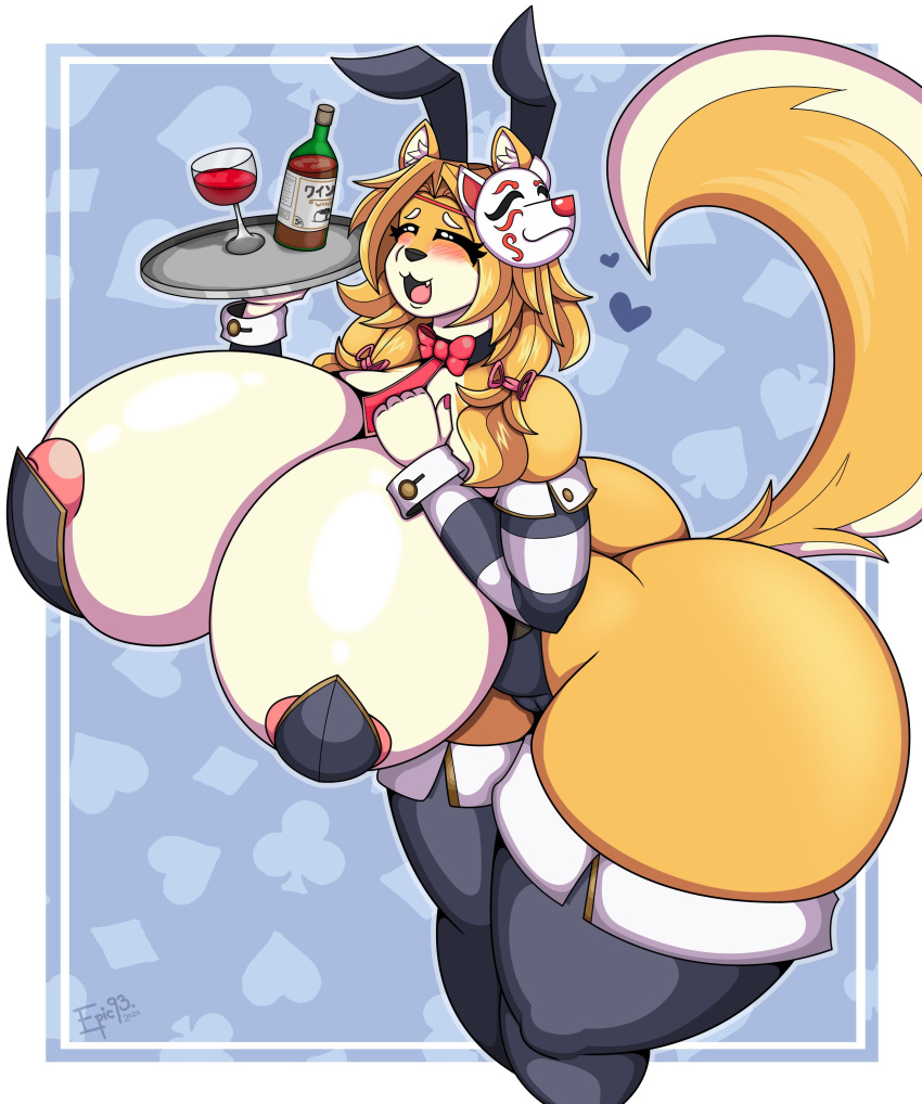 &lt;3 absurd_res anthro areola areola_slip big_breasts big_butt blonde_hair blush blush_lines breasts butt canid canine canis clothing domestic_dog epic93 female hair hi_res huge_breasts huge_butt legwear mammal nipples solo thick_thighs thigh_highs