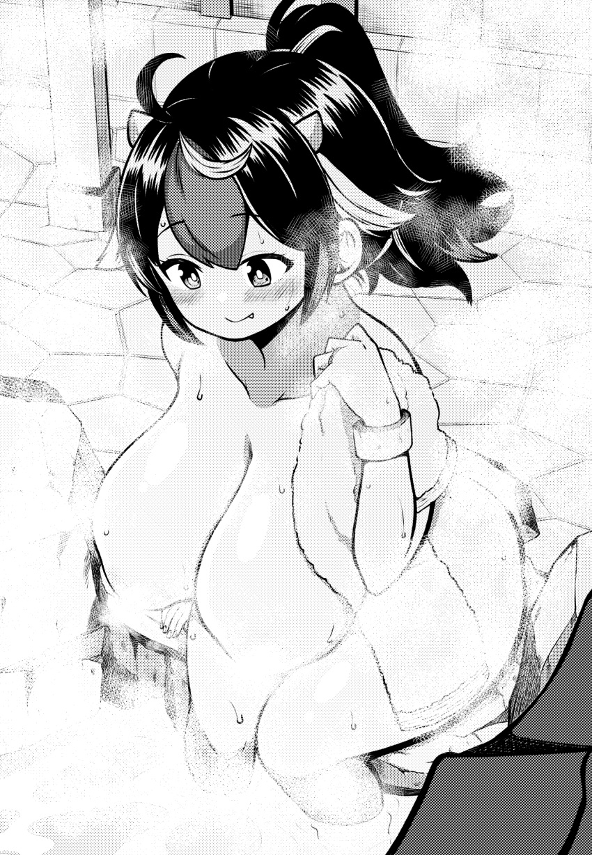 1girl alternate_hairstyle blush breasts closed_mouth commentary_request convenient_censoring fang full_body greyscale highres himajin_noizu horns huge_breasts kijin_seija monochrome multicolored_hair onsen ponytail sitting smile solo steam steam_censor streaked_hair touhou wading