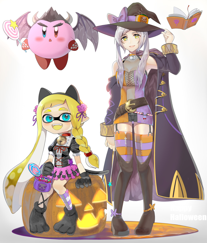 2girls absurdres adjusting_clothes adjusting_headwear animal_ears animal_hands ao_hito bell belt black_belt black_footwear black_gloves black_headwear black_shirt blonde_hair blue_coat book boots bow braid breasts candy cat_ears coat colored_tongue commentary company_connection dress english_text fake_animal_ears fire_emblem flower food frilled_skirt frilled_sleeves frills garter_straps gloves grey_hair hair_flower hair_ornament halloween halloween_bucket halloween_costume halterneck hat hat_bow highres inkling jack-o'-lantern jingle_bell kirby kirby_(series) layered_skirt lollipop long_hair medium_breasts microdress miniskirt multiple_girls neck_bell open_clothes open_coat orange_dress orange_thighhighs parted_lips paw_gloves paw_shoes pointy_ears purple_bow purple_dress purple_skirt purple_socks purple_thighhighs robin_(fire_emblem) shirt short_sleeves side_braid single_sock sitting skirt smile socks splatoon_(series) standing striped striped_thighhighs super_smash_bros. thigh_boots thighhighs two-tone_dress two-tone_thighhighs witch_hat yellow_eyes yellow_tongue