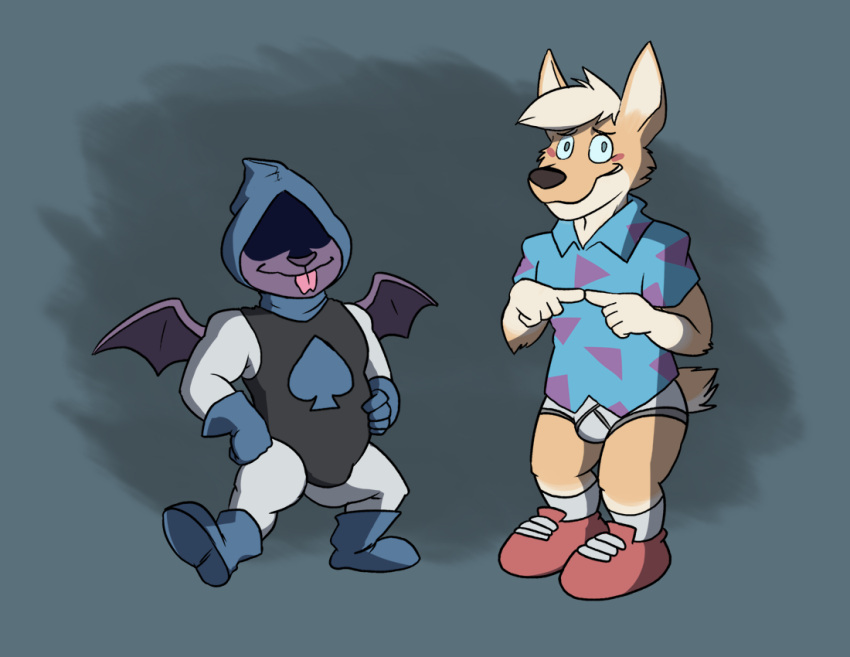 anthro avery_(vir-no-vigoratus) black_nose blonde_hair blue_button_down_shirt blue_clothing blue_shirt blue_topwear briefs bulge canid canine canis clothing colored_seam_underwear cosplay costume deltarune detailed_background domestic_dog duo fingers_together footwear grey_background grey_seam_briefs grey_seam_underwear hair halloween herding_dog holidays male mammal nickelodeon pastoral_dog pattenered_shirt red_clothing red_footwear red_shoes rocko's_modern_life rocko_rama shirt shoes simple_background tighty_whities tongue tongue_out topwear undertale_(series) underwear vir-no-vigoratus welsh_corgi white_briefs white_clothing white_underwear