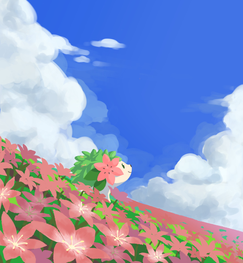 absurdres animal_focus blue_sky closed_mouth cloud cumulonimbus_cloud field flower flower_field from_side green_eyes highres john_(kyoj) looking_up no_humans outdoors pink_flower pokemon pokemon_(creature) shaymin sky smile solo