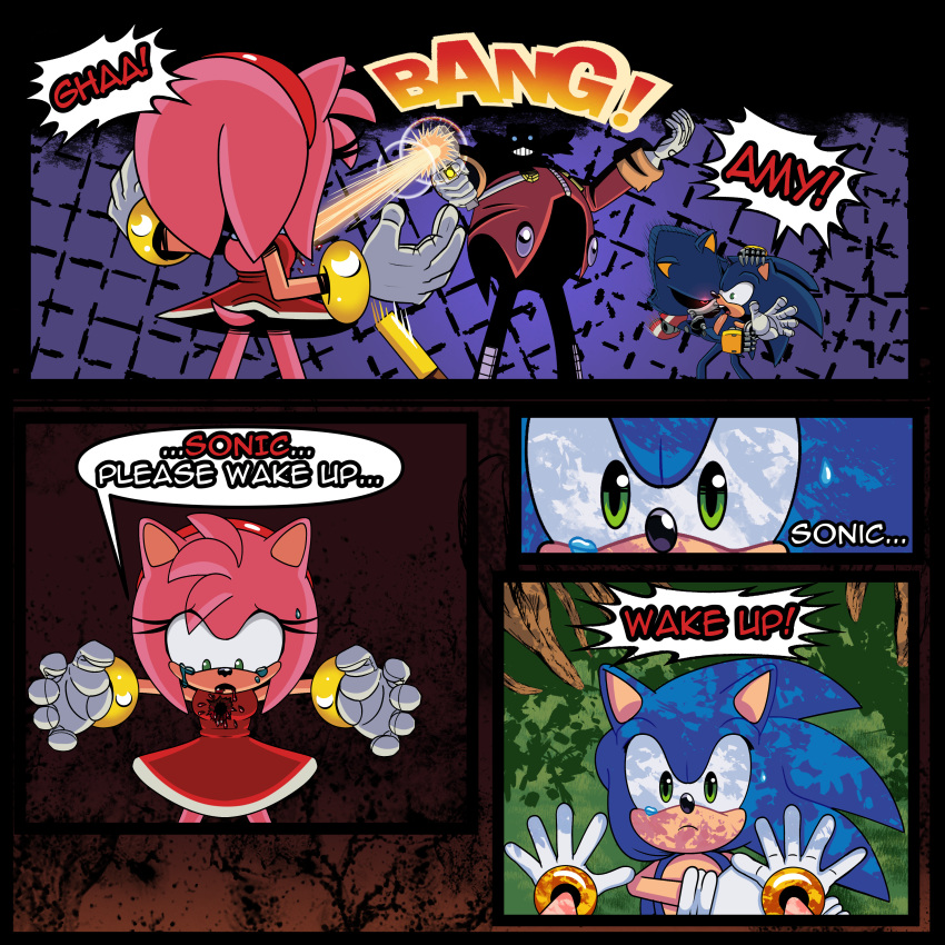 absurd_res amy_rose anthro blood blue_archer_(artist) bodily_fluids bullet_wound clothing colored comic death dr._eggman dream female grass group gun hi_res jewelry male male/female metal_sonic plant ranged_weapon sega shocked simple_background sonic_the_hedgehog sonic_the_hedgehog_(series) sweat sweatdrop tears tree trio weapon
