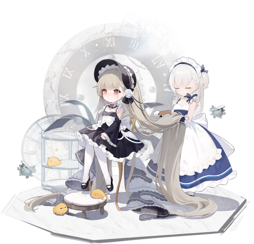 2girls absurdly_long_hair aircraft alarm_clock apron azur_lane black_dress blue_dress bonnet brushing_hair clock closed_eyes closed_mouth cup dress drinking_glass drinking_straw flight_deck flower frown hair_flower hair_ornament highres kincora light_brown_hair light_smile little_bel_(azur_lane) little_formidable_(azur_lane) long_hair maid maid_apron maid_headdress manjuu_(azur_lane) multiple_girls official_art pantyhose red_eyes royal_navy_emblem_(azur_lane) sitting smile standing turret twintails very_long_hair white_hair white_pantyhose