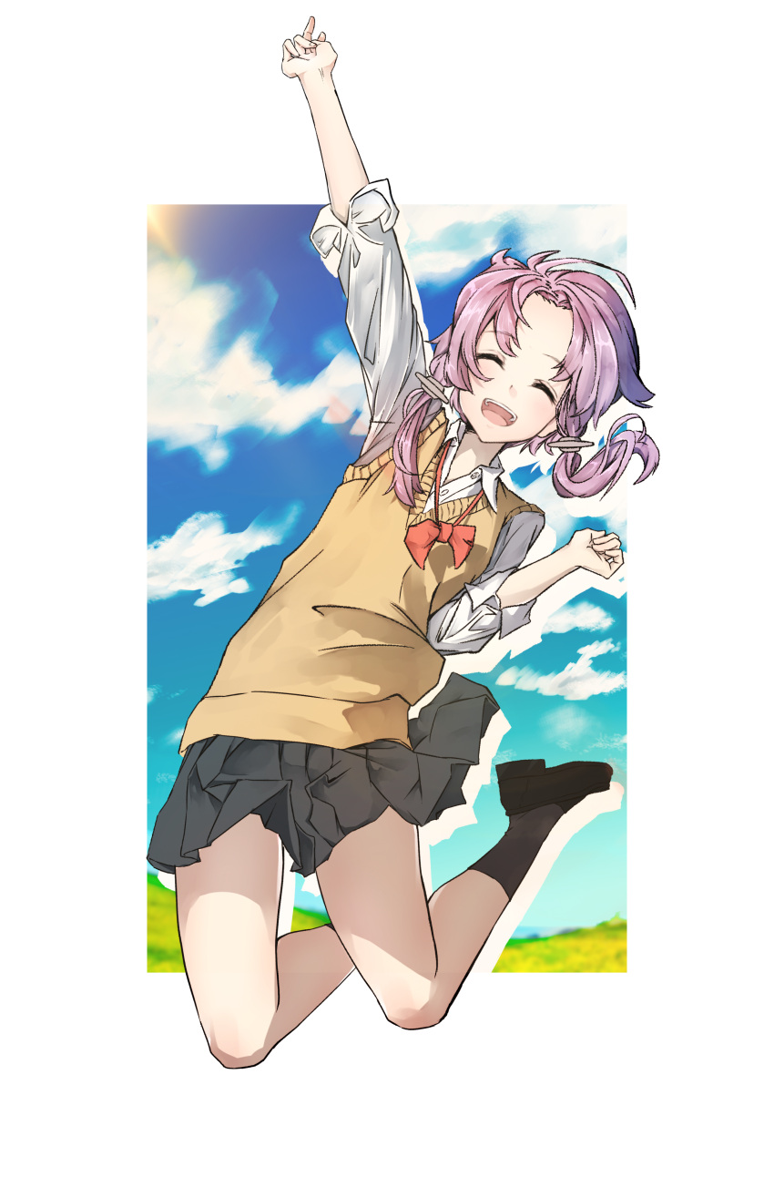 1girl absurdres arm_up black_skirt black_socks blue_sky border bow bowtie closed_eyes cloud collared_shirt comiket_94 commentary_request drop_shadow field floating_hair forehead full_body hand_up highres jaggy_lines jumping light_purple_hair loafers loose_bowtie miyota open_mouth outside_border pleated_skirt popped_collar red_bow red_bowtie school_uniform shirt shoes short_hair_with_long_locks skirt sky sleeves_rolled_up smile socks solo sunlight sweater_vest vocaloid voiceroid white_border white_shirt yellow_sweater_vest yuzuki_yukari