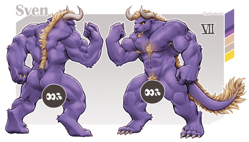 2022 2_horns 5_toes abs absurd_res anthro arm_tattoo artist_name back_mane back_muscles behemoth_(ff) blonde_hair censored character_name claws color_swatch creative_censorship deltoids digitigrade facial_hair fangs feet final_fantasy finger_claws flexing_bicep flexor_carpi front_view fur glowing glowing_eyes goatee hair hi_res horn male muscular muscular_anthro muscular_male muscular_thighs navel nipples nude obliques pecs pubes purple_body purple_fur purple_nipples rear_view roman_numeral solo square_enix sven_(7thbehemoth) tail_mane tattoo teeth timdoodles toe_claws toes triceps yellow_eyes