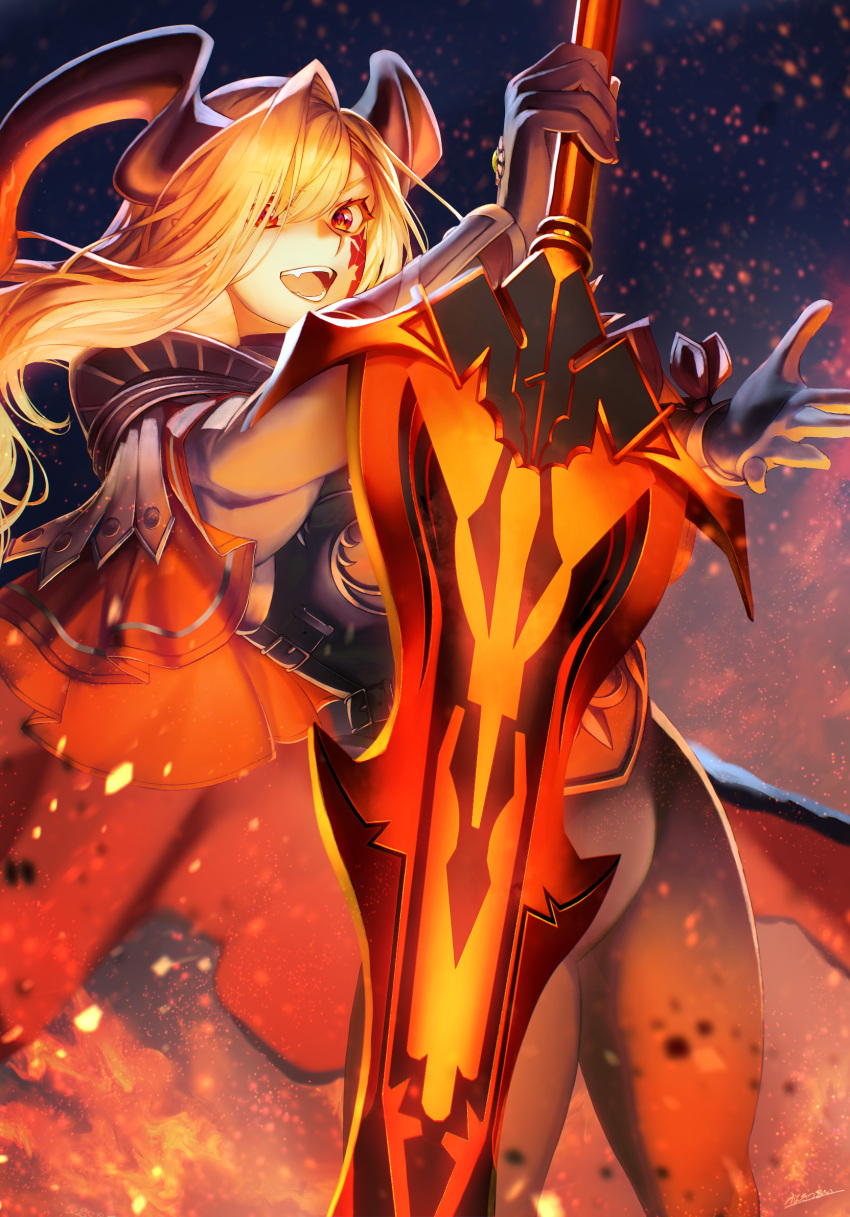 1girl arm_guards armor asymmetrical_bangs black_armor black_bodysuit black_gloves blonde_hair bodysuit breastplate breasts cape embers facial_mark fate/grand_order fate_(series) fur-trimmed_cape fur_trim gloves greatsword hair_over_one_eye highres horns kankitsurui_(house_of_citrus) large_breasts long_hair looking_at_viewer nero_claudius_(fate) open_mouth pauldrons pointy_ears queen_draco_(fate) queen_draco_(third_ascension)_(fate) red_eyes shoulder_armor smile sword thighs weapon