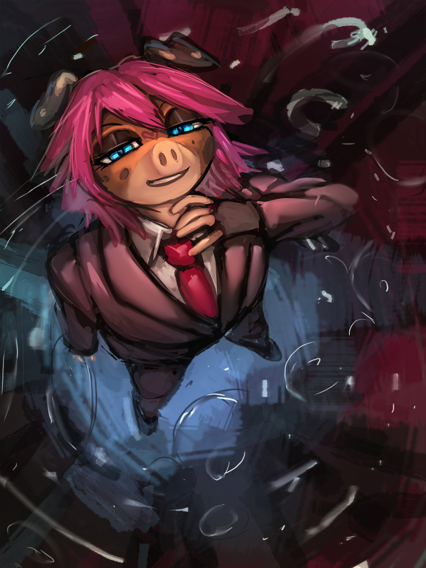 2023 ambiguous_gender anthro billie_corneja blue_eyes business_suit clothing digital_media_(artwork) domestic_pig general-irrelevant hair heart_(marking) hi_res high-angle_view looking_at_viewer mammal necktie nonbinary_(lore) pink_hair raining smile snout solo standing suid suina suit sus_(pig)