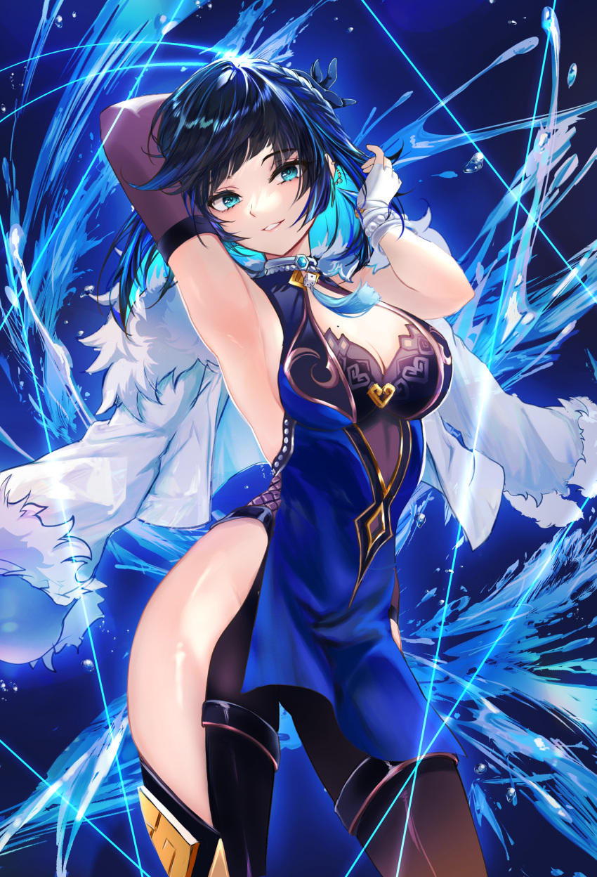 1girl absurdres arm_up armpits bare_shoulders black_pants blue_eyes blue_hair blunt_bangs breasts cleavage commentary_request cowboy_shot fingerless_gloves fur-trimmed_jacket fur_trim genshin_impact gloves grin hand_up highres hip_vent jacket large_breasts leggings looking_at_viewer pants raramente short_hair sleeveless smile solo standing thighs white_gloves white_jacket yelan_(genshin_impact)