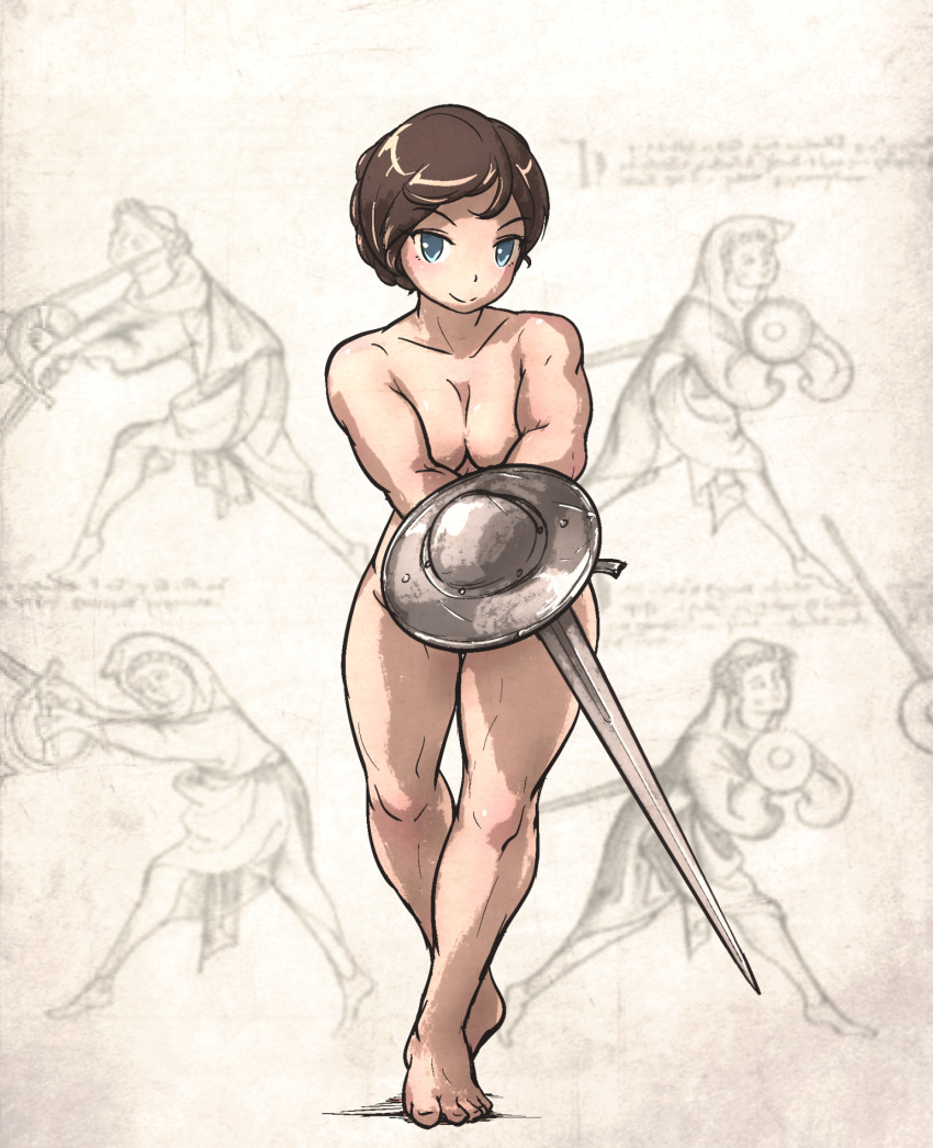 1girl blue_eyes breasts buckler cleavage closed_mouth full_body highres holding holding_weapon instruction_manual ironlily looking_at_viewer medium_breasts muscular muscular_female nude original shield short_hair smile sword weapon