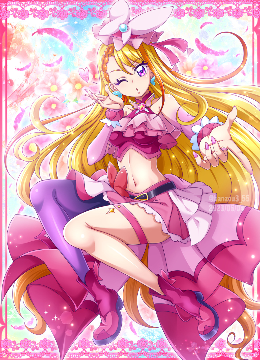 1girl ankle_boots bare_shoulders belt_bow blonde_hair boots border bracelet braid breasts bridal_gauntlets brooch butterfly_earrings collarbone commentary_request crop_top cure_butterfly dated earrings feathers french_braid full_body hair_between_eyes hanzou hat heart highres hijiri_ageha hirogaru_sky!_precure jewelry long_hair looking_at_viewer magical_girl medium_breasts midriff mini_hat mini_top_hat multicolored_hair navel one_eye_closed orange_hair pantyhose parted_lips pink_border pink_footwear pink_headwear pink_nails pink_shirt pink_skirt pointing precure purple_eyes purple_pantyhose shirt single_leg_pantyhose skirt sleeveless sleeveless_shirt smile solo streaked_hair thigh_strap top_hat twitter_username two_side_up very_long_hair watermark wing_brooch