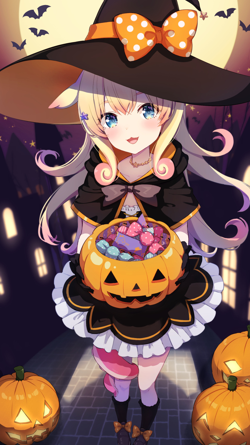 1girl absurdres bat_(animal) black_capelet black_dress black_gloves black_headwear black_socks blonde_hair blue_eyes bow capelet choker colored_tips commentary commission dress english_commentary fang footwear_bow frilled_dress frills full_moon gloves hair_ornament halloween hat highres idol_corp jack-o'-lantern long_hair momo_otako moon multicolored_hair open_mouth orange_bow pink_hair pixiv_commission polka_dot polka_dot_bow shadow socks solo star_(symbol) star_choker star_hair_ornament tentacle_hair uni_(maru231) virtual_youtuber witch_hat wrapped_candy