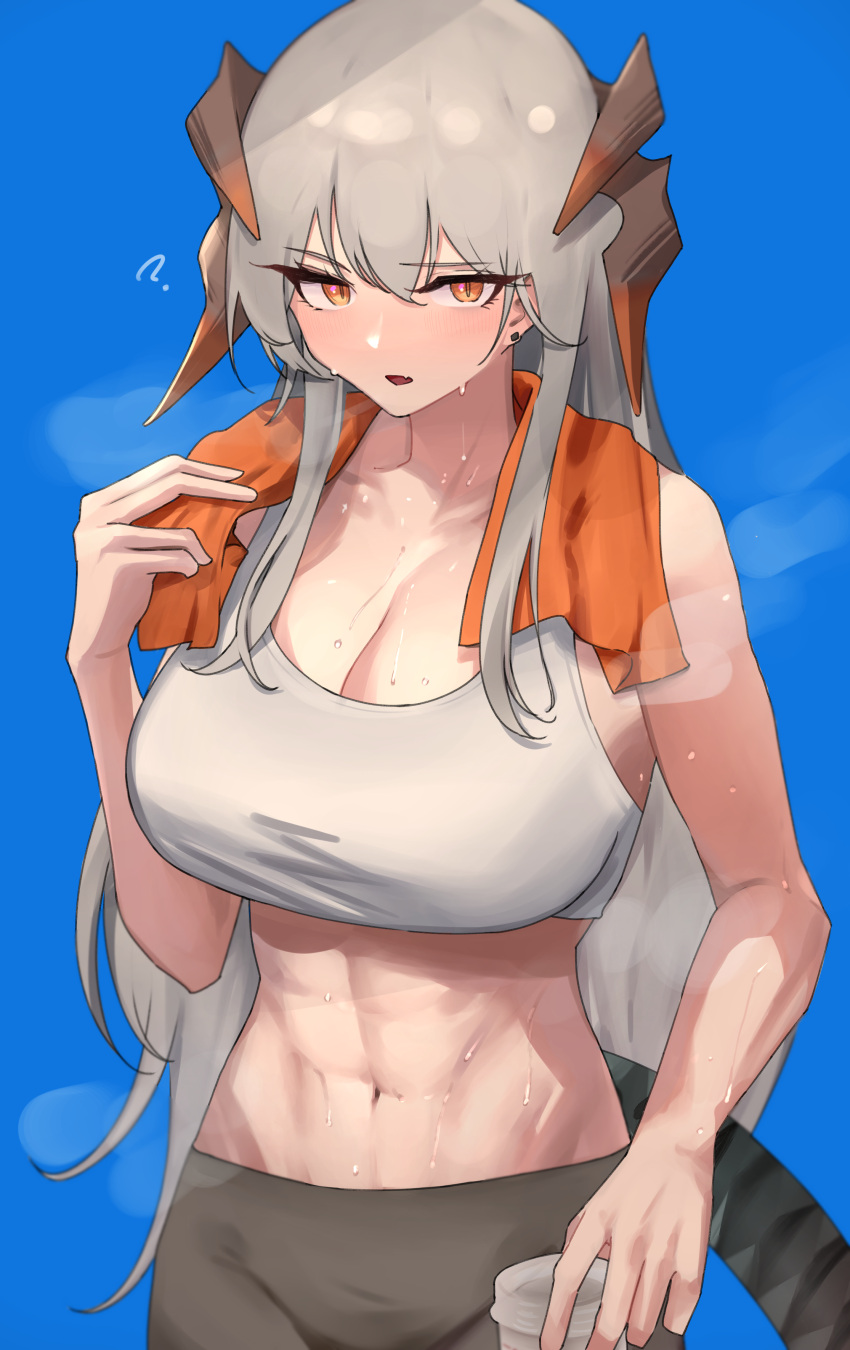 1girl 360_(taiyo360) abs absurdres arknights black_pants blue_background breasts cleavage collarbone dragon_horns grey_hair grey_sports_bra highres horns large_breasts long_hair looking_at_viewer muscular muscular_female navel open_mouth orange_eyes pants saria_(arknights) simple_background solo sports_bra standing sweat tight_clothes tight_pants towel towel_around_neck upper_body yoga_pants