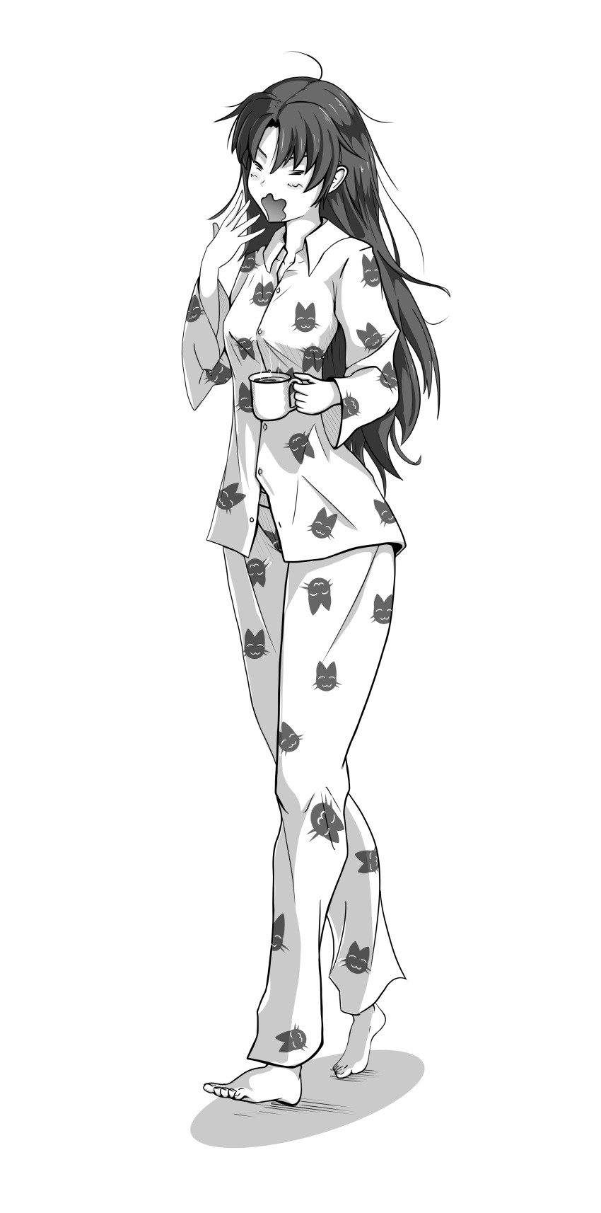 1girl absurdres ahoge animal_print barefoot blush breasts cat_print closed_eyes coffee_mug collared_shirt cup english_commentary fate/stay_night fate_(series) full_body greyscale hair_down hand_up highres holding holding_cup l2tp long_hair long_sleeves messy_hair monochrome mug open_mouth pajamas pants print_pajamas shirt solo standing tohsaka_rin very_long_hair waking_up yawning