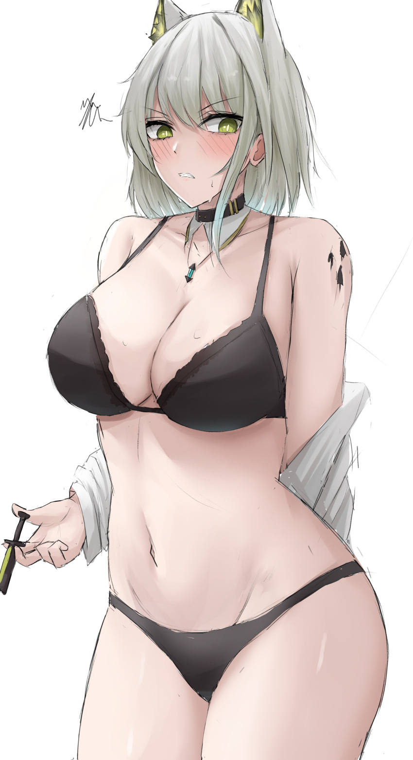 1girl absurdres animal_ears arknights arm_behind_back black_bra black_collar black_panties blush bra breasts cat_ears cat_girl clenched_teeth clothes_pull collar cowboy_shot detached_collar embarrassed frown green_eyes grey_hair groin highres hip_focus holding jewelry kal'tsit_(arknights) large_breasts medium_hair namikare navel necklace no_pants open_clothes open_shirt oripathy_lesion_(arknights) panties shirt shirt_pull simple_background slit_pupils solo teeth underwear undressing white_background white_shirt