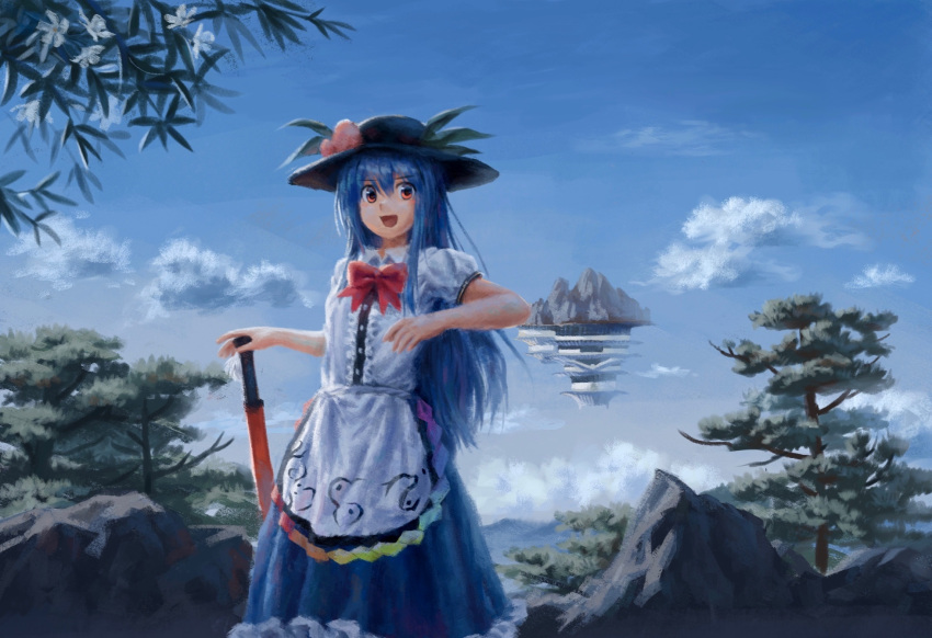 1girl black_headwear blue_hair blue_skirt bow bowtie cloud commentary_request floating_island food fruit hand_on_hilt highres hinanawi_tenshi leaf long_hair mountain open_mouth outdoors peach rainbow_gradient red_bow red_bowtie red_eyes satellitedragon shirt short_sleeves skirt smile solo touhou white_shirt