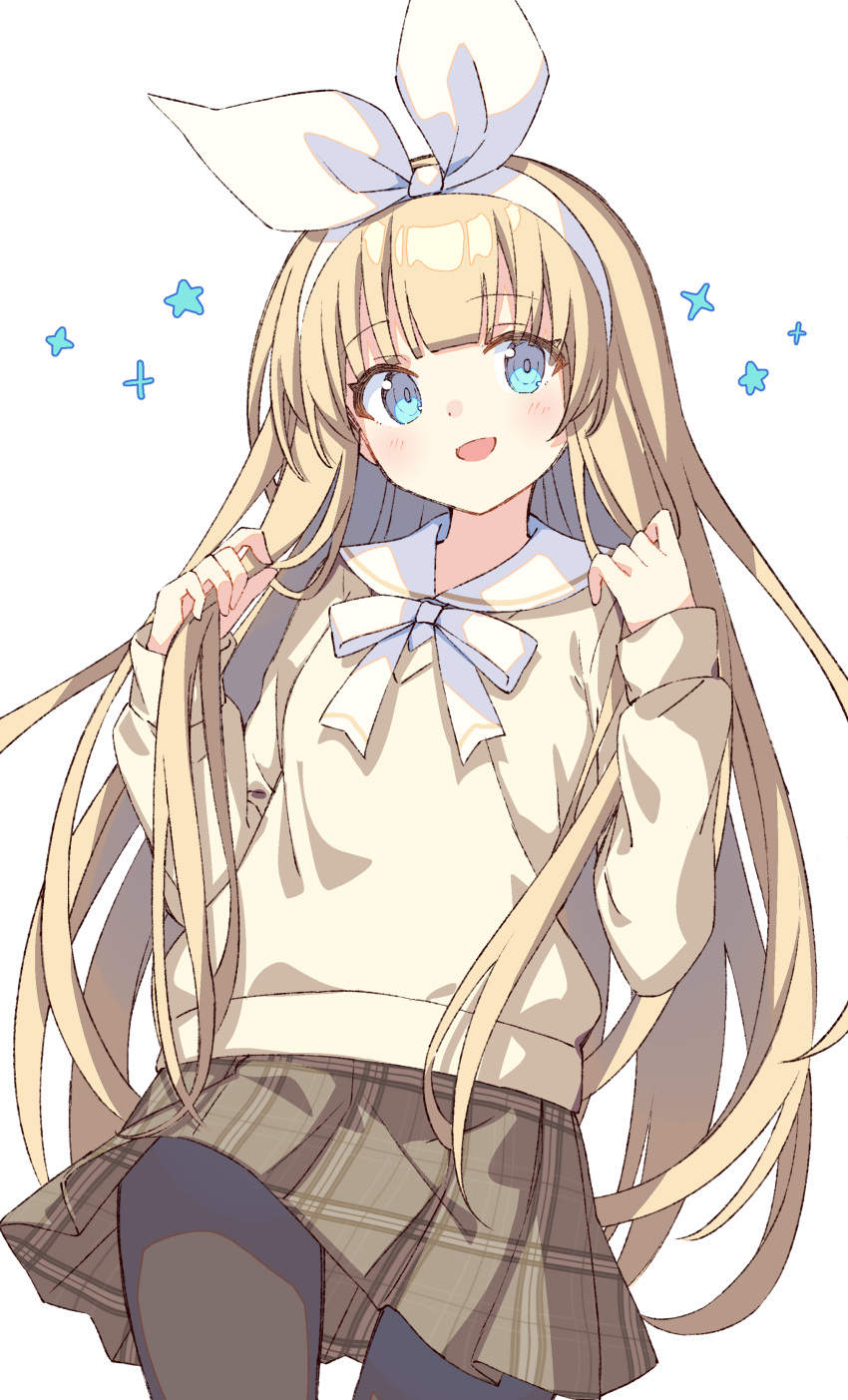 1girl absurdres blonde_hair blue_eyes blush bow bow_hairband brown_skirt hairband highres long_sleeves open_mouth original pantyhose plaid plaid_skirt sailor_collar school_uniform skirt smile sweater white_background white_bow white_sailor_collar yellow_sweater zoirun