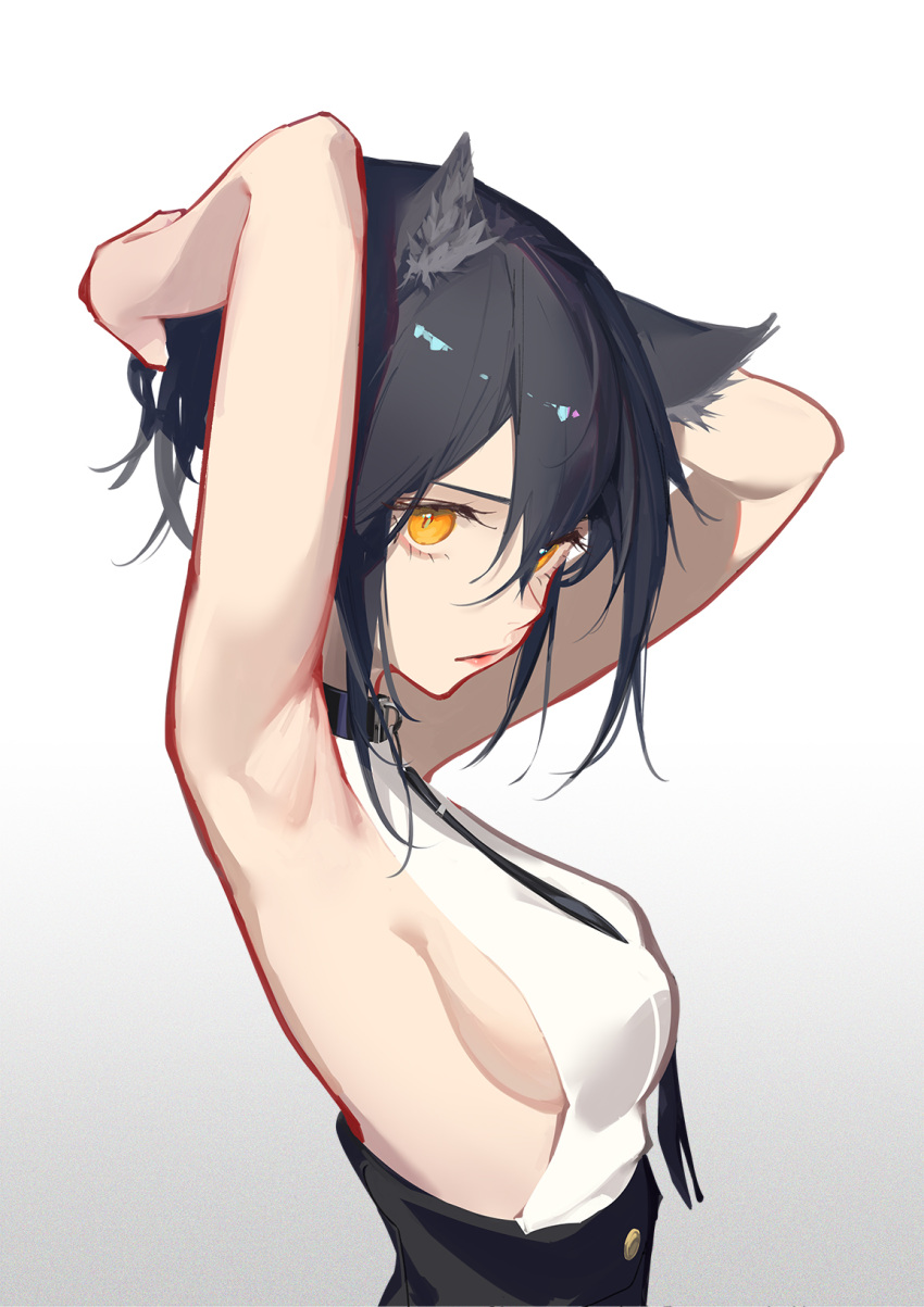 1girl adjusting_hair animal_ears arknights armpits arms_behind_head arms_up backless_outfit backless_shirt black_choker black_hair black_necktie black_pants breasts buttons choker closed_mouth collar commentary covered_nipples english_commentary expressionless eyelashes eyyy from_side gradient_background grey_background hair_between_eyes hands_in_own_hair high-waist_pants high-waist_sideboob highres lips looking_at_viewer medium_breasts necktie orange_eyes pants shirt short_hair sideboob sidelocks sideways_glance simple_background sleeveless sleeveless_shirt solo texas_(arknights) upper_body white_background white_shirt wolf_ears wolf_girl