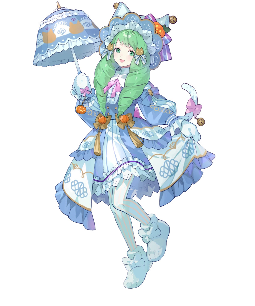 1girl alternate_costume animal_hands bell cat_tail detached_sleeves dress drill_hair fake_tail fire_emblem fire_emblem_heroes flayn_(fire_emblem) flayn_(halloween)_(fire_emblem) frills full_body gloves green_eyes green_hair hair_ornament hat highres holding holding_umbrella jack-o'-lantern jingle_bell long_hair long_sleeves looking_at_viewer non-web_source official_alternate_costume official_art pantyhose paw_gloves paw_shoes pumpkin ribbon short_dress skirt_hold smile striped tail tobi_(kotetsu) transparent_background umbrella vertical_stripes