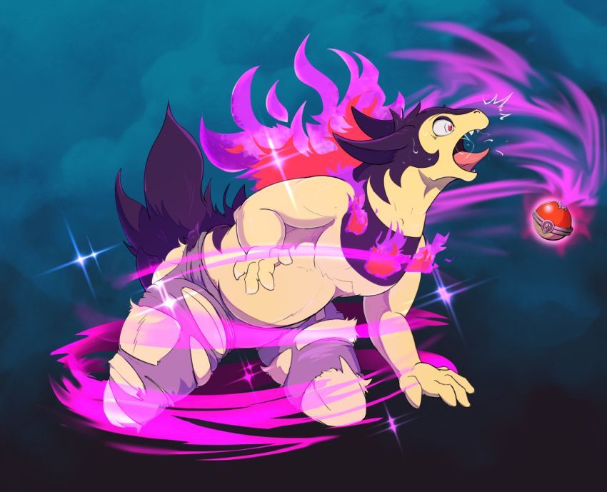 abstract_background all_fours ambiguous_gender anthro belly bodily_fluids bottomwear clothing colored_fire fangs fire fur fur_growth growth hisuian_form hisuian_typhlosion human human_to_anthro mammal mid_transformation nintendo open_mouth pants pokeball pokemon pokemon_(species) purple_fire red_eyes regional_form_(pokemon) saliva shaded slightly_chubby snout solo species_transformation surprised_expression sweat tan_body tan_fur teeth tongue tongue_out torn_bottomwear torn_clothing torn_pants toshabi transformation
