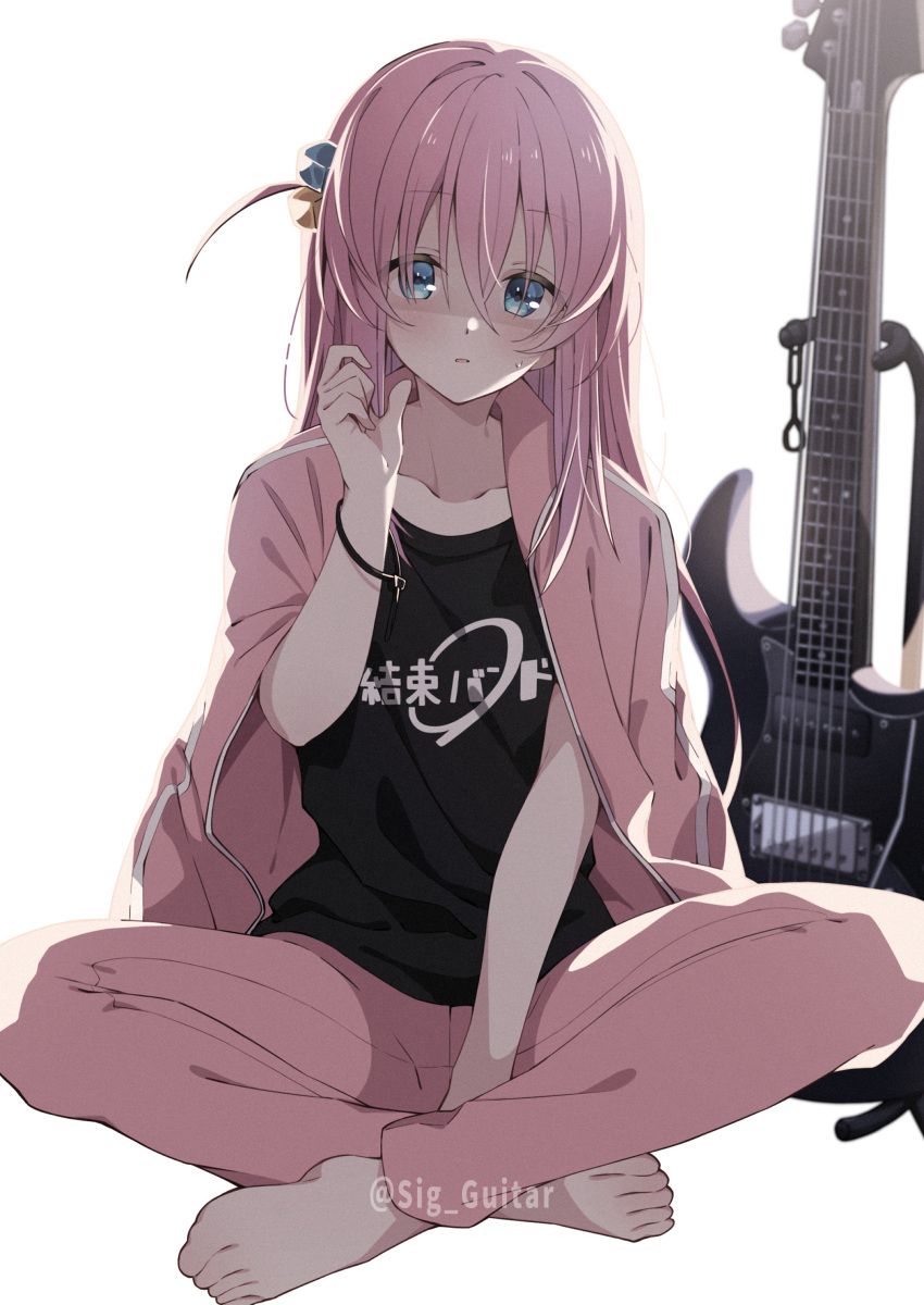 1girl absurdres artist_name backlighting barefoot between_legs black_shirt blue_eyes bocchi_the_rock! collarbone cube_hair_ornament electric_guitar full_body gotou_hitori guitar guitar_stand hair_between_eyes hair_ornament hand_between_legs hand_up highres indian_style instrument jacket jacket_on_shoulders long_hair looking_at_viewer pants parted_lips pink_hair pink_jacket pink_pants shigure_(sigre) shirt simple_background sitting solo track_jacket track_pants white_background yamaha_pacifica